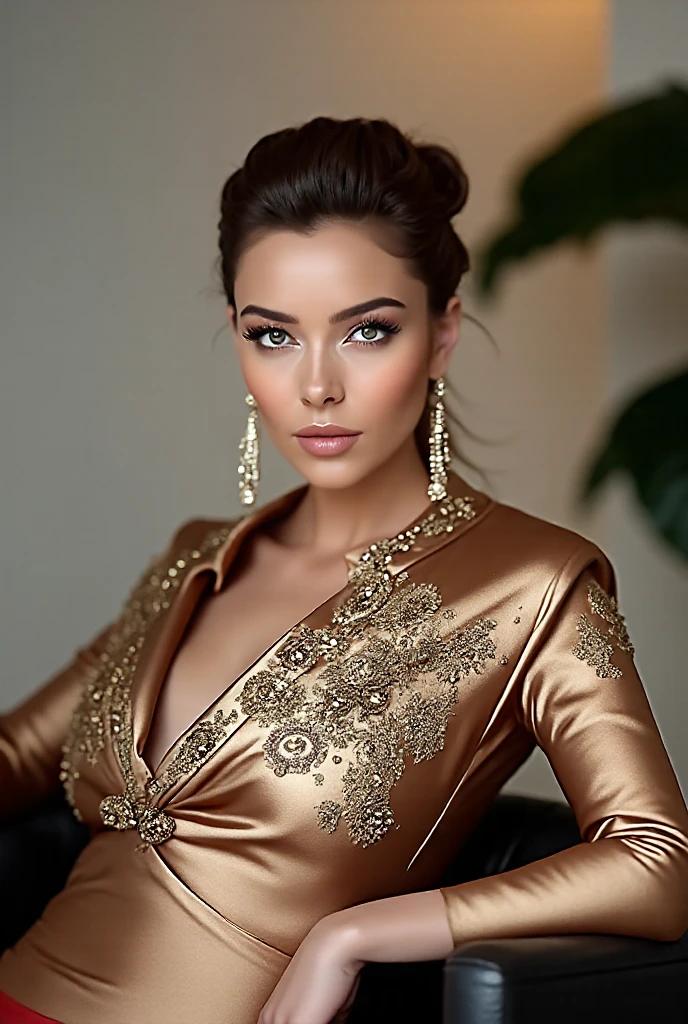 Here's a detailed prompt for generating an image of a girl:

**Prompt:**  
A portrait of a young woman with an elegant, aristocratic appearance. She has sharp, refined features with high cheekbones, a straight nose, and piercing eyes that exude confidence and a hint of superiority. Her skin is flawless, with a subtle glow. She wears a luxurious, tailored outfit made of high-quality materials like silk or velvet, in rich, dark colors such as deep burgundy or midnight blue. Her hair is styled in a sleek, sophisticated manner, possibly in an updo or flowing in loose waves. The background is a lavish, upscale setting, perhaps a grand, opulent room with ornate details like gold accents and chandeliers. The overall mood of the image conveys elegance, wealth, and a palpable sense of ego.