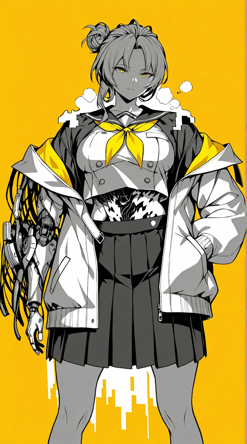 (hiiragi_yuuichi-style), (zonda_(solid_air)-style:0.8), ((anatomical correct)), vignetting, fog, ((monochrome, greyscale, manga-style, spot colors, yellow eyes)), (lineart:1.2), (digital dissolve:1.2), (disintegration body:1.2), perfect body, perfect eyes, perfect fingers, gasping, heavy breathing, gasping profusely, ((skindentation)), ((curvy)), Murata Himeko, short hair,messy hair,hair up,single hair bun,hair one side up,forehead,parted bangs,yellow eyes, plump, 1girl, skirt, school_uniform, solo, yellow_background, mechanical_parts, serafuku, jacket, neckerchief, pleated_skirt, simple_background, humanoid_body, science_fiction, hand_in_pocket, black_skirt, sailor_collar, yellow_neckerchief, mechanical arms, metal body
