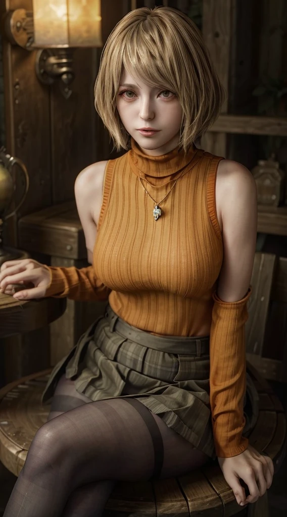 Beautiful fece、​masterpiece、top-quality、超A high resolution、realisitic、Perfect litthing、extra detailed face、1girl in、ashley、Ashley Graham、Resident evil、20yr old、beautiful countenance、Perfect face shape、Perfect body、a matural female、((large full breasts))、extremely detailed eye and face、Dazzling eyes、bionde、 Fluffy Bob,  Bare shoulders, Sleeveless sweater, Plaid, turtle neck, plaid skirts, Green skirt, Ribbed sweater, sleeveless turtleneck, Orange shirt, Sleeveless sweater, orange sweater、((Black pantyhose))、((a short skirt))、good hips and long legs、Absinthe heavy wooden barrel、Look at viewers、Sit on a wooden round barrel stool with your legs crossed、natta、Lamp Light