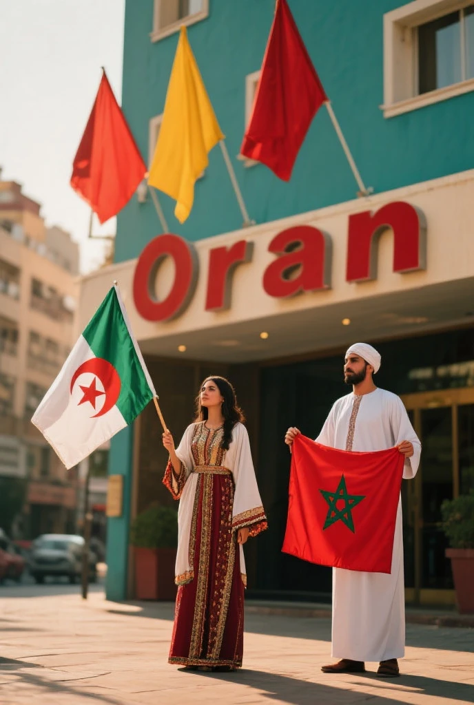 two people in traditional clothing standing in the middle of a street, wearing white robes!, photo from 2022, standing in a city center, in city street, in egypt, wearing traditional garb, profile picture 1024px, skyscrapers in the background, at a city street, wearing white robes, 🤠 using a 🖥, morning hour