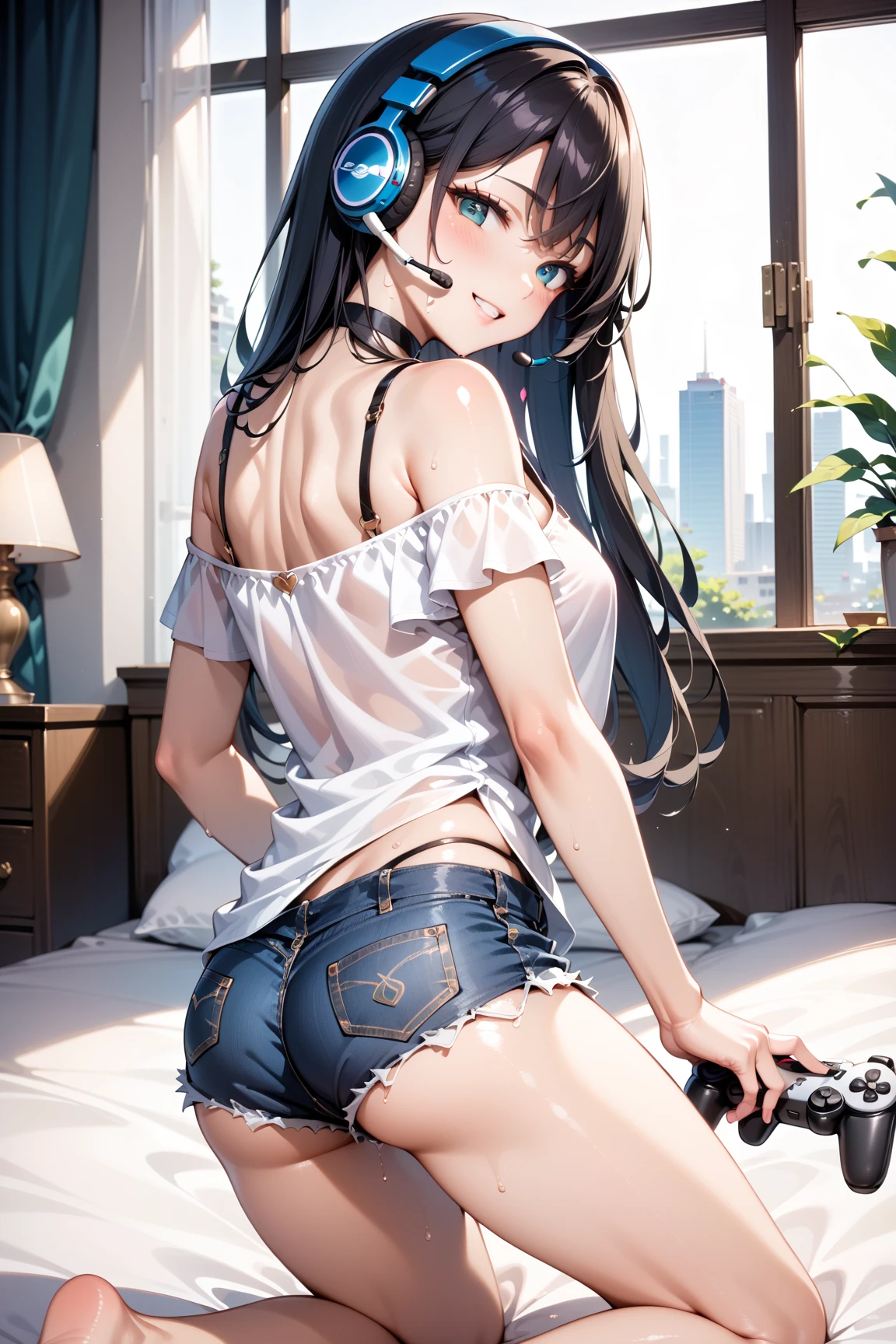 (Best quality, 8k, 32k, Masterpiece, UHD,:1.2), RAW, human, 1girl,ultra cute , ultra cute, natural lighting, transparent shining eyes, 20yo, medium breast ,femur, fair complexion , flushed face, gray dolphin shorts,at room, gray sports bra, near windows, wedgie, shiny, From Behind