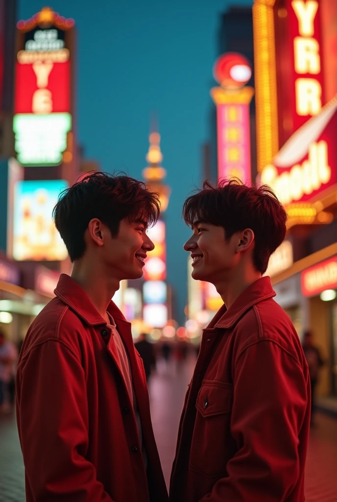Realistic, highly detailed, Two boys, cute, korean, embrace, strong, Husky, bangs, muscle, sexy, white thong underwear, abs, topless, city