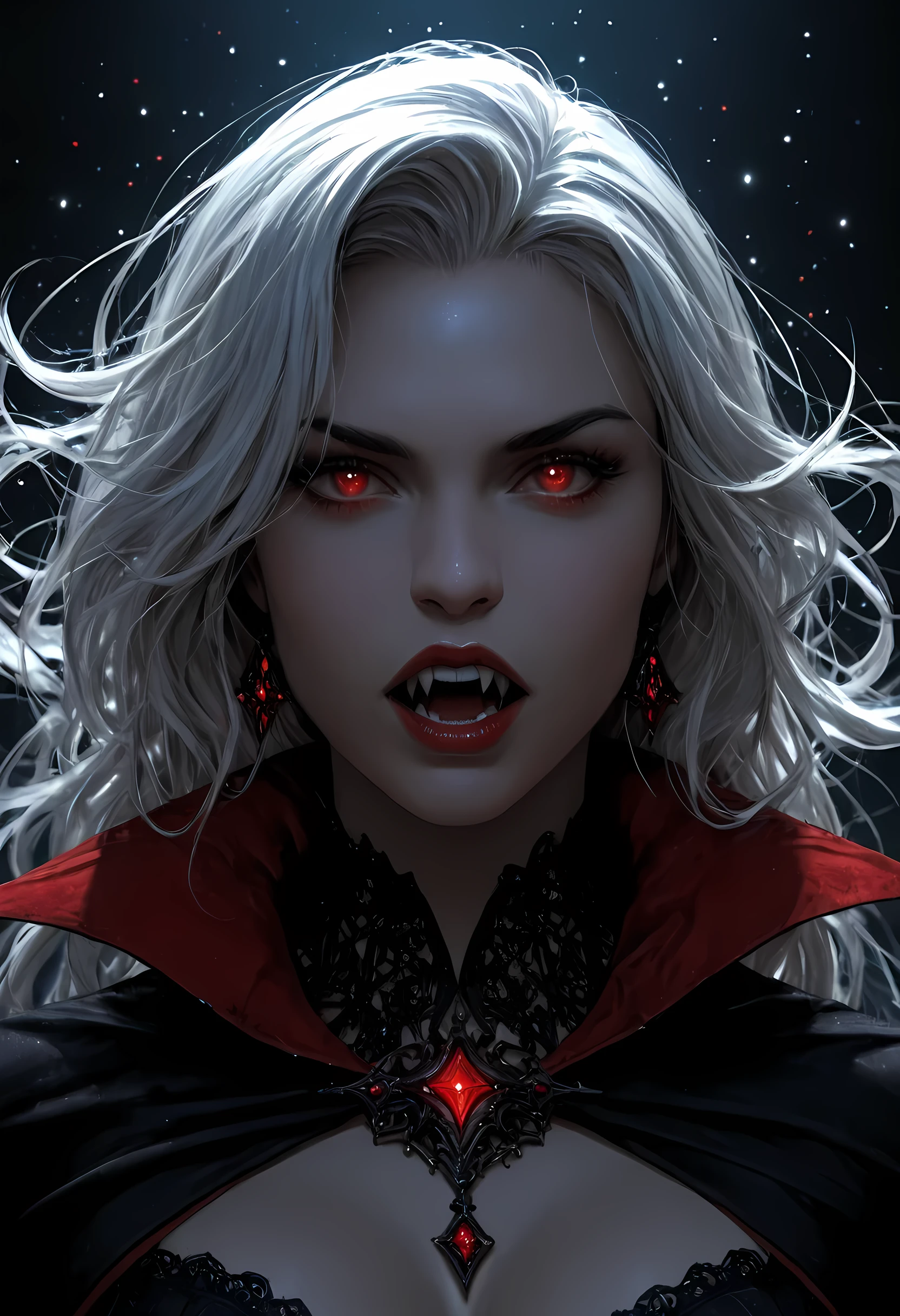 a portrait of a young female vampire looking up into the infinite stars in the night sky the stars are reflected in her eyes, a beautiful mature female vampire, dynamic hair color, dynamic skin complexion, wearing dynamic dress, looking into the stars, the stars are reflected in her red eyes, night sky, many, many shining stars, various colors stars,  vibrant, Ultra-high resolution, High Contrast, (masterpiece), highest quality, Best aesthetics), best details, best quality, highres, 16k, [ultra detailed], masterpiece, best quality, (extremely detailed), glowing,ember, fantasy, fflix_ufantasy, vampire, fangs
