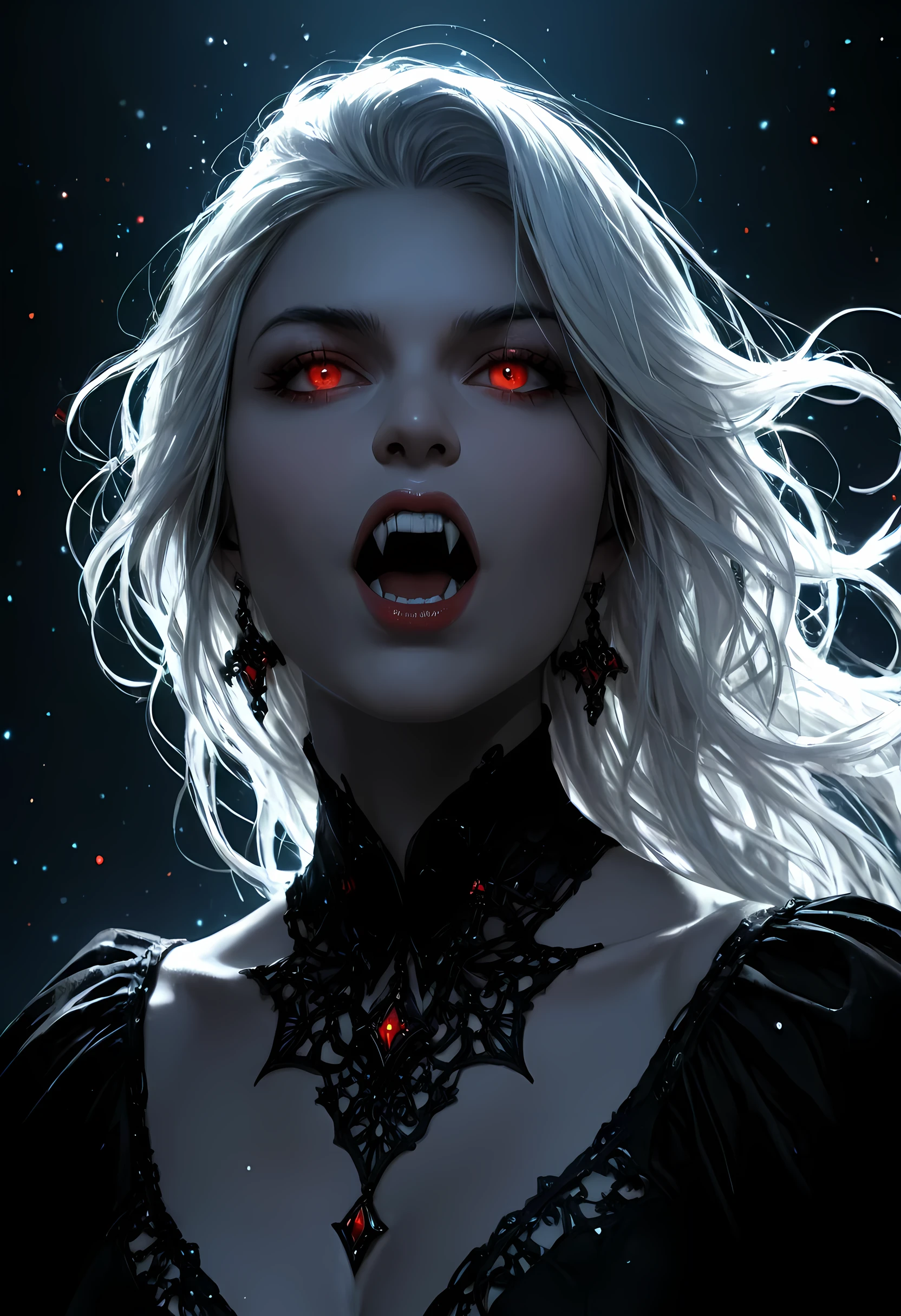 a portrait of a young female vampire looking up into the infinite stars in the night sky the stars are reflected in her eyes, a beautiful mature female vampire, dynamic hair color, dynamic skin complexion, wearing dynamic dress, looking into the stars, the stars are reflected in her red eyes, night sky, many, many shining stars, various colors stars,  vibrant, Ultra-high resolution, High Contrast, (masterpiece), highest quality, Best aesthetics), best details, best quality, highres, 16k, [ultra detailed], masterpiece, best quality, (extremely detailed), glowing,ember, fantasy, fflix_ufantasy, vampire, fangs