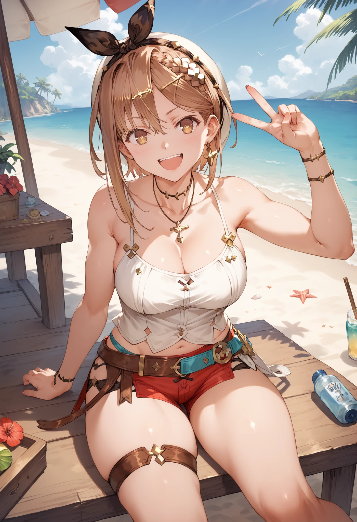 Masterpiece, top quality, Hi-Res, very detailed CG , 2nd Default, asymmetrical design costume, Bare Thighs , belt, chest, teeth, is laughing, beach,1teen young_girl,white_camisole,large_breasts,large_thighs,short_shorts,apart_legs,raise_fist,sitting_on_wood_deck, (pectineus_muscle:0.2),thigh_strap,(Reisalin_Stout),(\Atelir_Ryza)