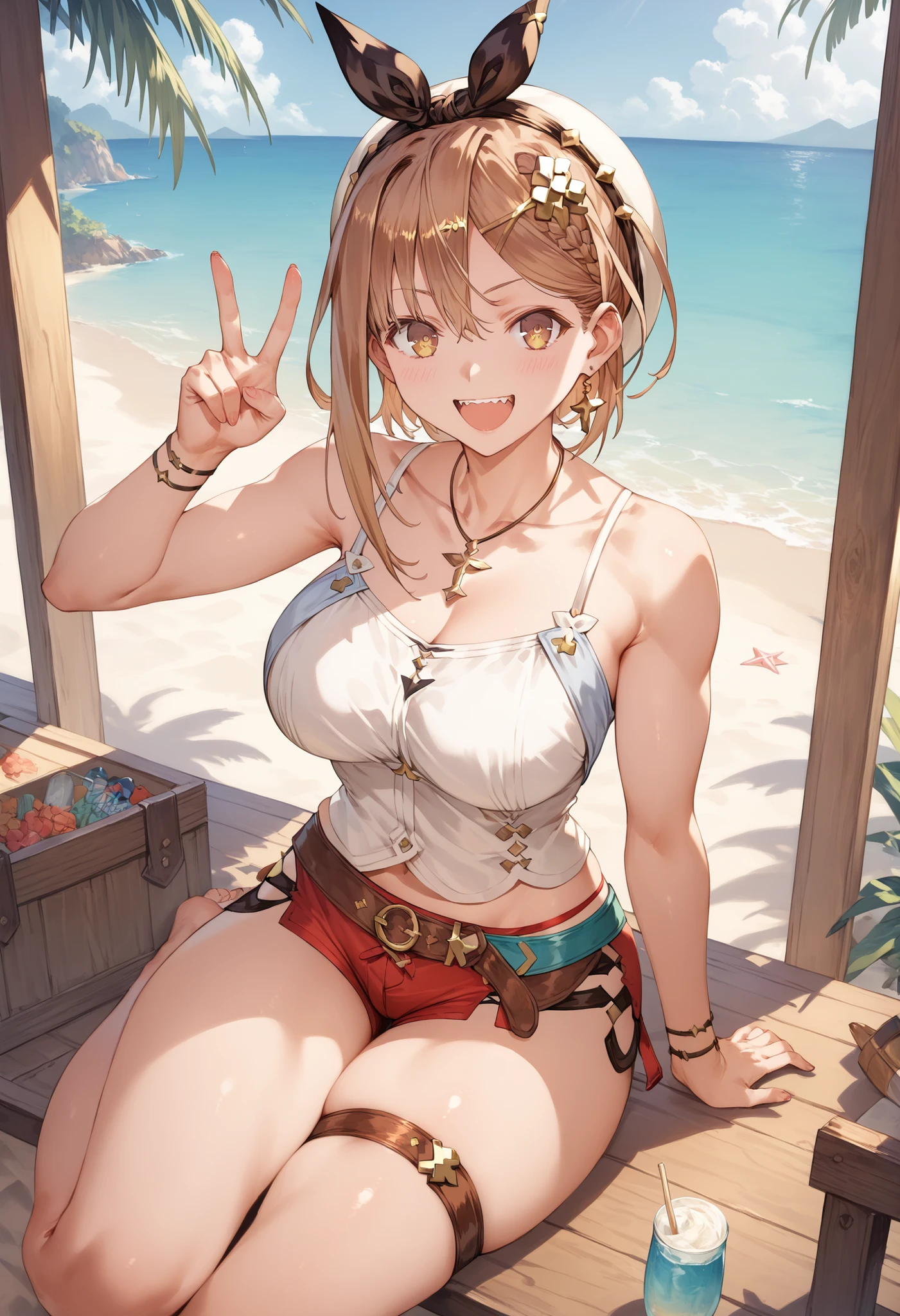 Masterpiece, top quality, Hi-Res, very detailed CG , 2nd Default, asymmetrical design costume, Bare Thighs , belt, chest, teeth, is laughing, beach,1teen young_girl,white_camisole,large_breasts,large_thighs,short_shorts,apart_legs,raise_fist,sitting_on_wood_deck, (pectineus_muscle:0.2),thigh_strap,(Reisalin_Stout),(\Atelir_Ryza)