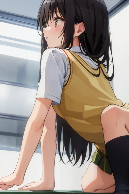 (masterpiece, Highest quality:1.2), One girl, alone,Are standing_Split,
Yuki mandarin orange, Brown eyes, Brown Hair, hair ornaments,Long Hair,Green Check Skirt, Sainan High , , White shirt, Yellow sweater vest,No panties