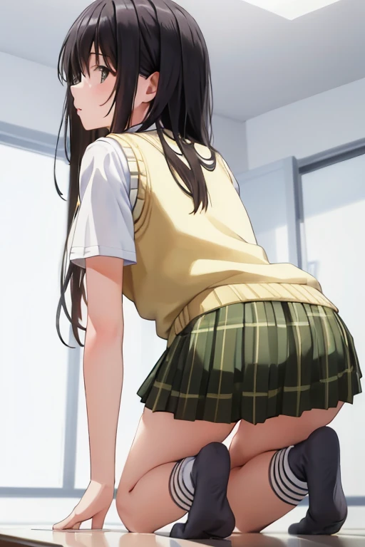 10th Generation,A beautiful woman,Beautiful buttocks,Moe,No bra,Nipples,Green plaid pleated skirt,Light pink thong panties,Black long hair,Show your ass