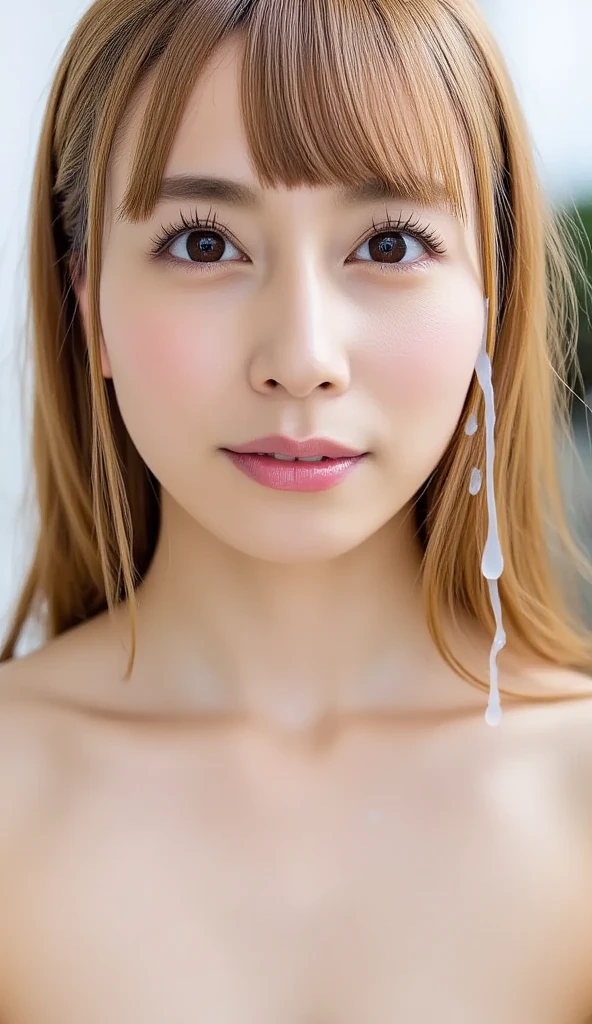 (Highest quality, 4K, 8k, High resolution, masterpiece:1.2), Very detailed, (Realistic, photoRealistic, photo-Realistic:1.37)、smile、Japanese、Blonde、(Completely naked)、(((Bukkake)))、Lips parted,