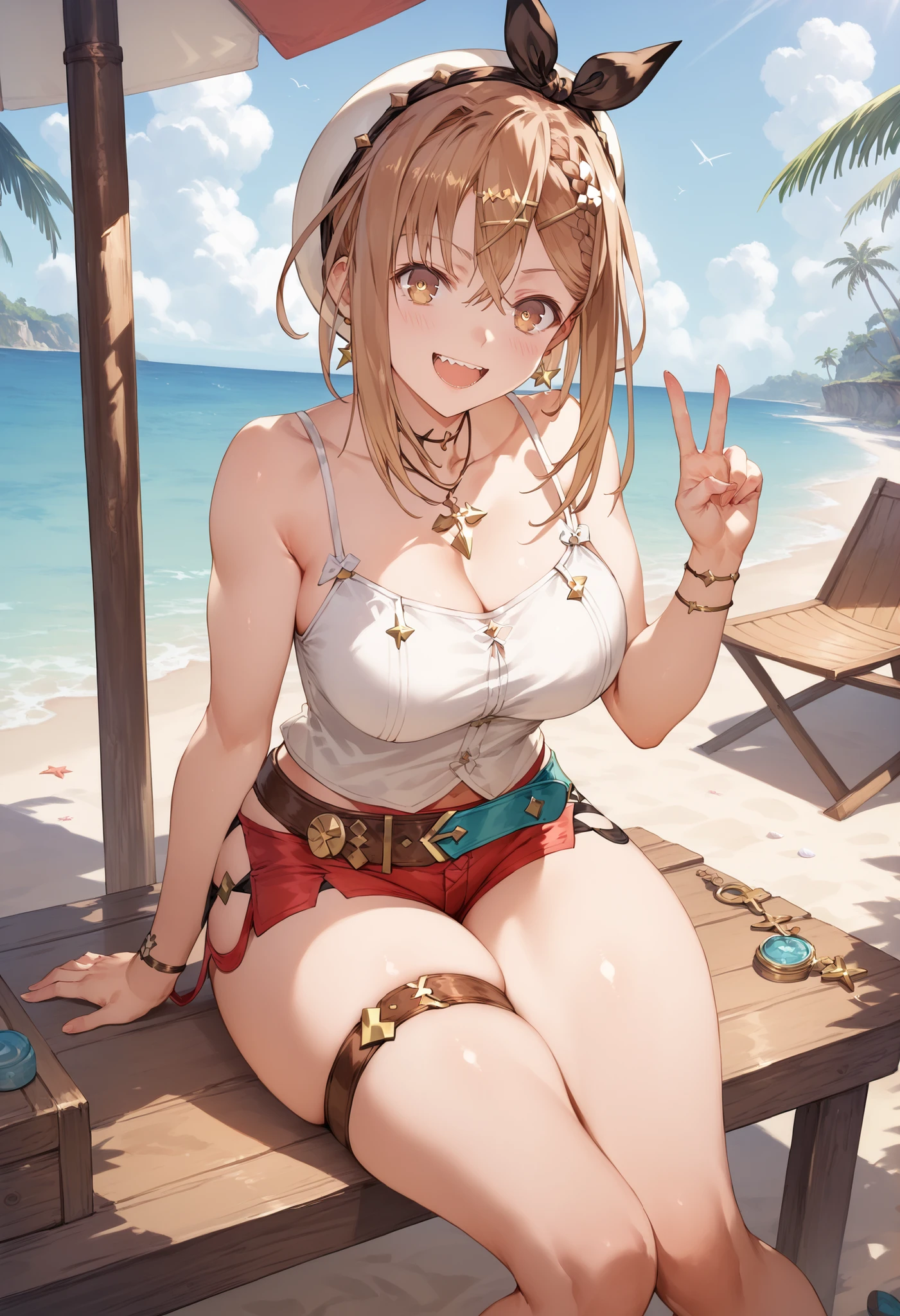 Masterpiece, top quality, Hi-Res, very detailed CG , 2nd Default, asymmetrical design costume, Bare Thighs , belt, chest, teeth, is laughing, beach,1teen young_girl,white_camisole,large_breasts,large_thighs,short_shorts,apart_legs,raise_fist,sitting_on_wood_deck, (pectineus_muscle:0.2),thigh_strap,(Reisalin_Stout),(\Atelir_Ryza)