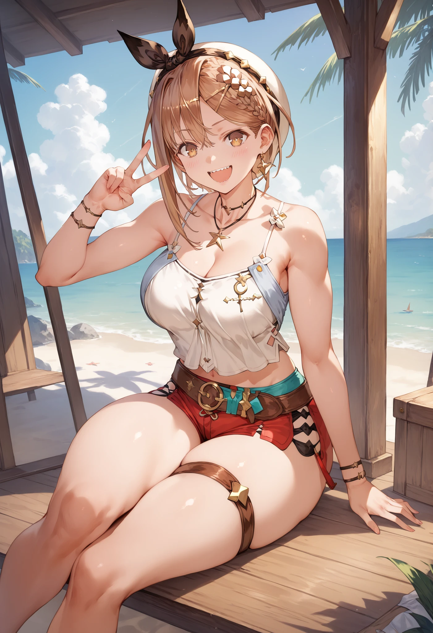 Masterpiece, top quality, Hi-Res, very detailed CG , 2nd Default, asymmetrical design costume, Bare Thighs , belt, chest, teeth, is laughing, beach,1teen young_girl,white_camisole,large_breasts,large_thighs,short_shorts,apart_legs,raise_fist,sitting_on_wood_deck, (pectineus_muscle:0.2),thigh_strap,(Reisalin_Stout),(\Atelir_Ryza)