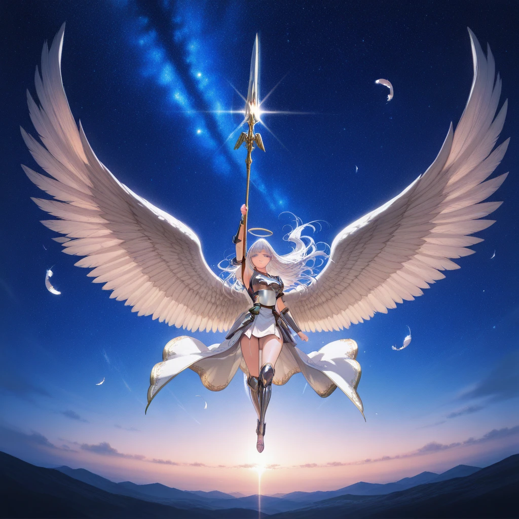 ((brown hair)), ((long hair)), ((white skirt)), ((flipping skirt)), ((showing white underwear:1.5)), ((blue corset)), ((8K)), ((masterpiece)), ((wing)),((halo)),(()),((lily)),((full body)), ((scenery)), ((girl with her back to the camera)), ((detailed)), ((cinematic lighting)),((from back)),((holding sword)),((dark clouds)),((The background is a giant monster)),((wide shot))