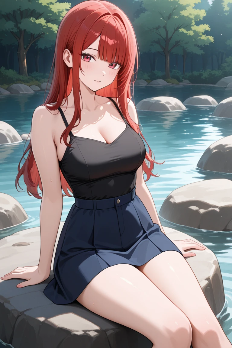 masterpiece, best quality, highly quality ,mermaid,  large breasts, bra, skirt,  sitting , bench , tree , looking at viewer,
