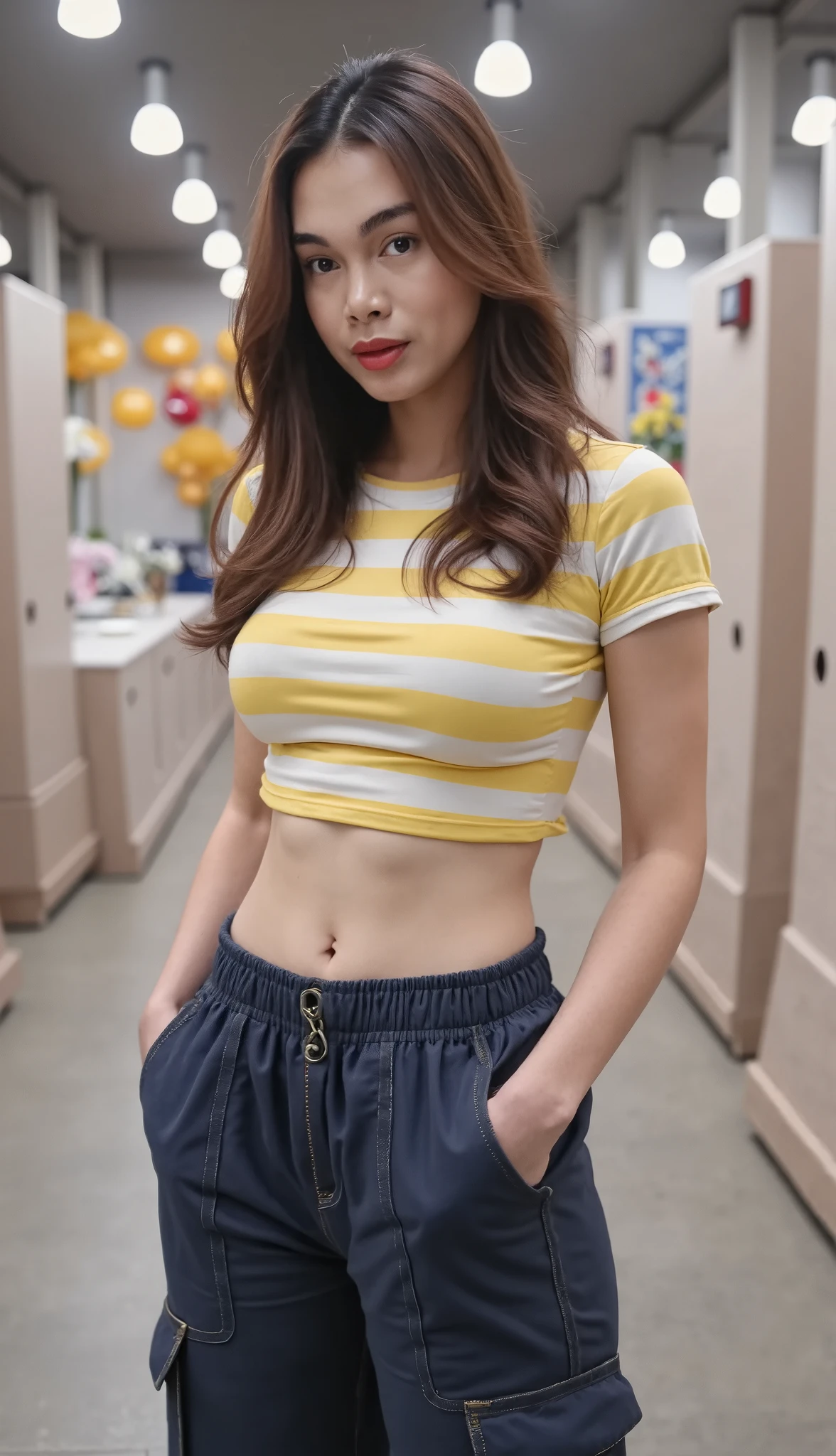 arafed woman in a yellow shirt ahort, and (((red panties))) posing in a bathroom, waist - shot, slim waist and thick hips, sexy girl, thick thieves, thick, waist up, tail thick, derrière toned, very realistic, medium waist shot up, hot small, young teenager, beautiful thick female, very realistic, red lipstick, full body vision, blonde girl