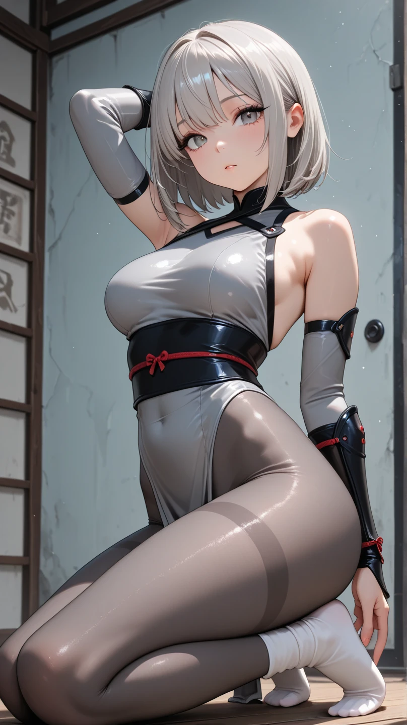 (masterpiece, best quality, Ultra detailed 8K CG, ultra realistic, masterpiece, Stand out, royal pacord, cinematic lighting), 1girl, solo, ,breasts out, , beautiful face, short hair, bob cut, white, kneeling on a desk, ,crying, itricate details, tied arms behind head