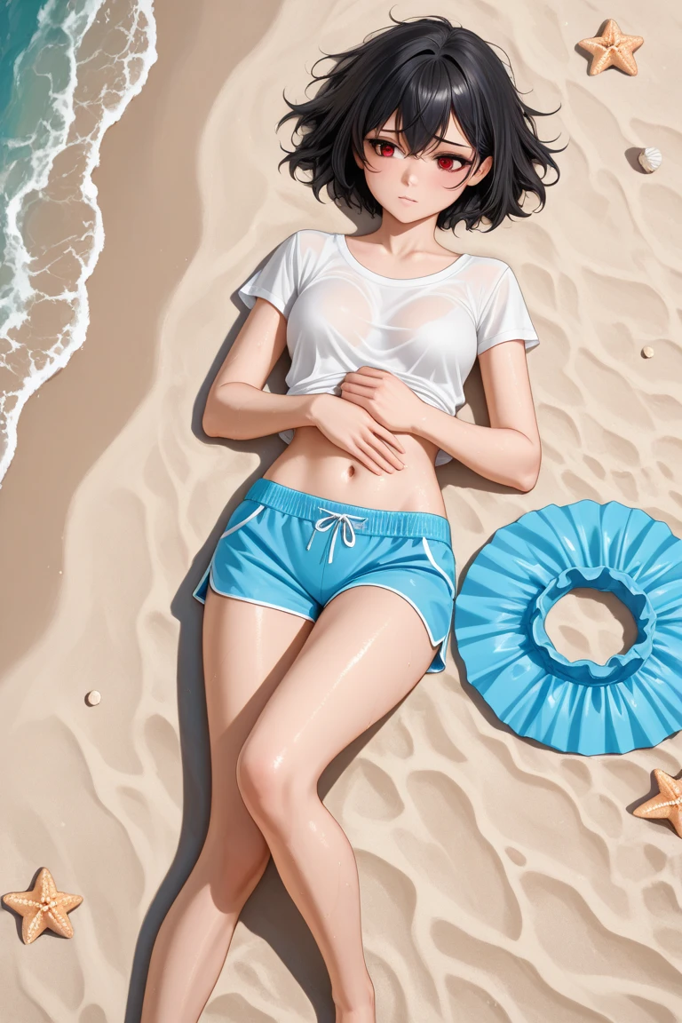 Masterpiece, beautiful slender girl, beach, unzipped shorts, pussy peek, pussy, no panties, sweat, sweatdrop, wet clothes, t-shirt, midriff, pussy juice, happy, blushing, bare legs, slim, full body, barefoot, excited, thigh strap, standing, small breasts, erect nipples