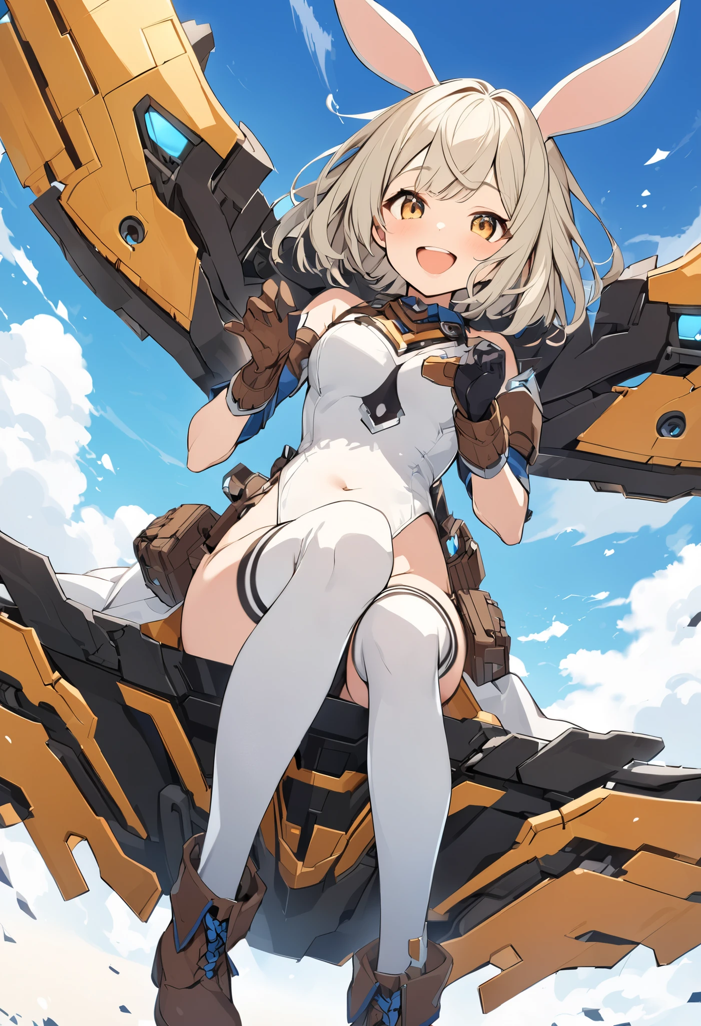 ,1young_teen_ girl,brown_hair,medium_bob_hair,platina_blond_hair,white_leotard,covered_crotch,thigh-highs,smile,standing,bluesky_landscape_background,slightly_spread_legs,happiness, short_gloves ,solo, r18, navel,relicbuster,short,boots,open_mouth,sitting,knees,bunny_ears
