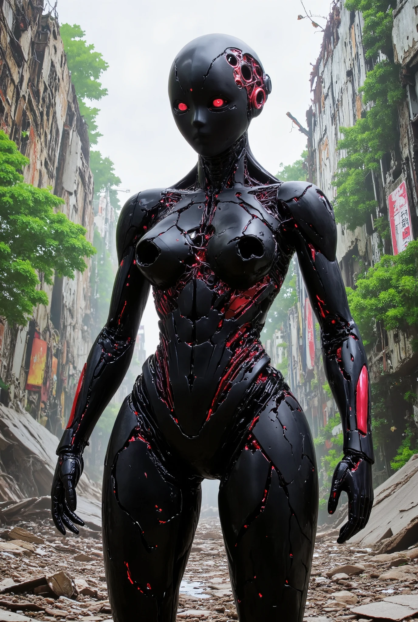 (( In the midst of a devastated city , A Damaged Robot appears , body structure made of matte black porcelain with red details, The damaged robot has human features, part of the Robot's structure compromised , detail in each finish reference to great animes and Mangas and movies and SCI-FI, standing staring intently forward , background environment covered by debris and green part of the forest , a damaged part of the Robot's face speaking quality HD 32K)),