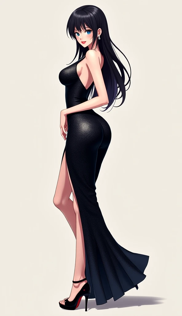 Generate an anime-style full-body depiction of an attractive woman viewed from behind, gazing towards her left side. She should be dressed in a sultry, tight, backless dress, accentuating her figure, paired with elegant high heels.