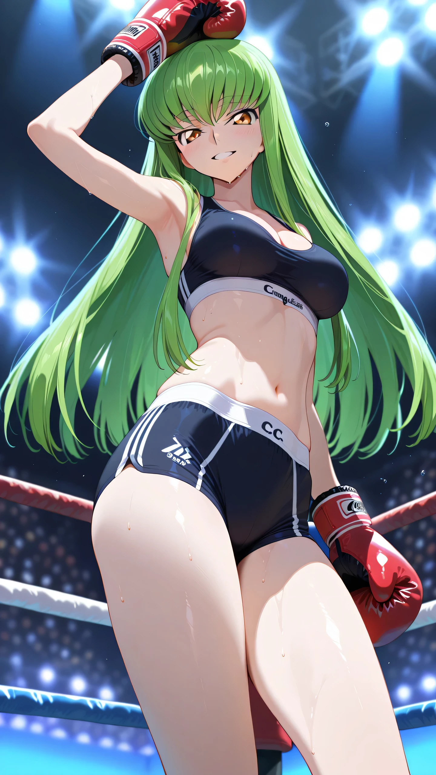 CC_Code Geass, Hair between the eyes, Very long hair 1 person, Bright light, ironic smile, alone, Cowboy shot, (masterpiece, Highest quality), 8k, Intricate details, from below, (on MMA Arena :1.5), (wearing MMA uniform:1.5, white tops and black bottoms:1.3), thigh, belly button,Slender body,Slim,((Highest quality)), Sharp focus: 1.2, Highly detailed face, Highly detailed eye,Toned stomach,