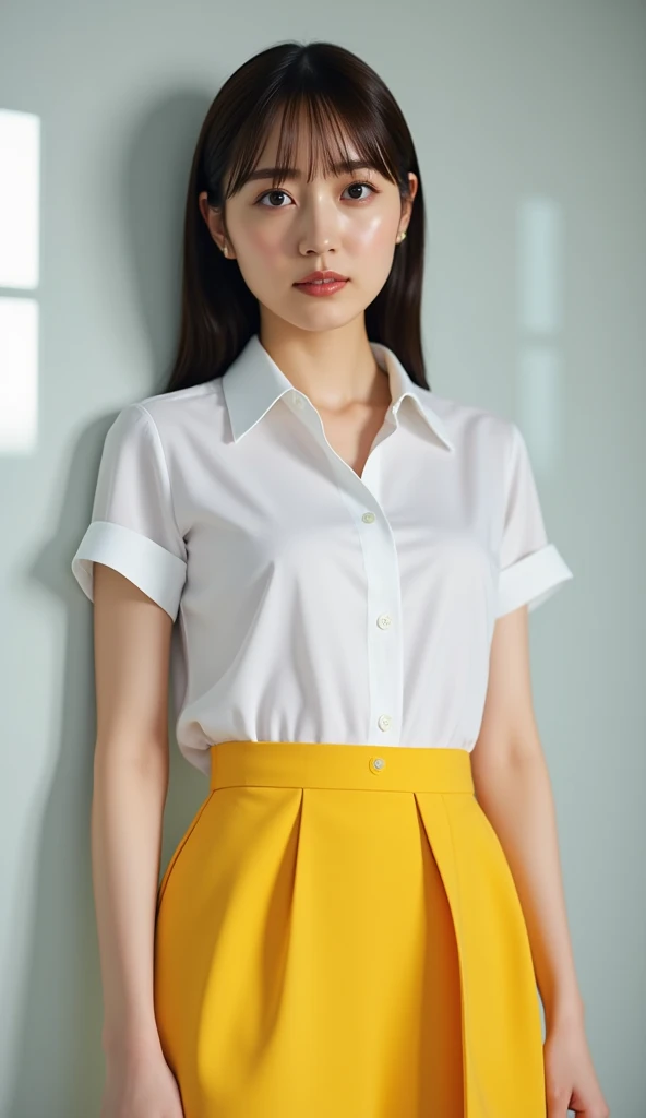 (masterpiece, highest quality:2.0), (The ultra-Highres), (Hphotorealistic:1.4), foco nítido, (1girl in), (brown haired), Full body posture、(Smile at the person you like:1.5), finely eye, face perfect, Detailed skin, ((white shirt、Maxi skirt with a floral pattern))、Blur the background、Cute Japan person、20yr old、tiny chest、extra detailed face、Pose with bent elbows、