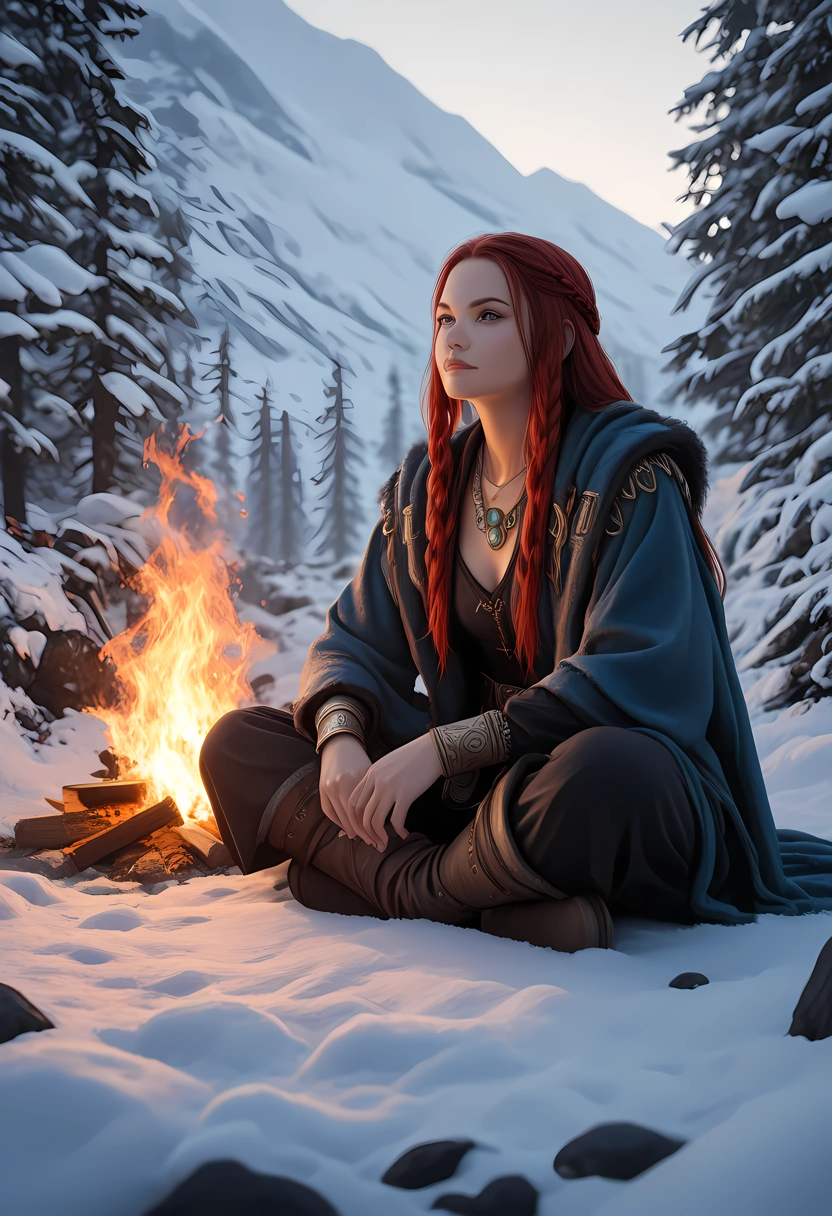 fantasy art, photorealistic, D&D art, larry elmore style, a picture of a female monk sitting cross-legged and meditating on a snowy mountain, on top of a snowy mountain there is a human woman monk wearing monk garbs, small cleavage, meditating near a bonfire (best details, Masterpiece, best quality) in a snowy forest (best details, Masterpiece, best quality), red hair, long hair, full body (best details, Masterpiece, best quality), ultra detailed face (best details, Masterpiece, best quality), ultra feminine (best details, Masterpiece, best quality), exquisite beautiful (best details, Masterpiece, best quality) red hair, long hair, braided hair, pale skin, blue eyes, intense eyes, ultra best realistic, best details, best quality, 16k, [ultra detailed], masterpiece, best quality, (extremely detailed), ultra wide shot, photorealism, depth of field, hyper realistic paintingglowing,ember, fantasy, fflix_ufantasy, 3DMM