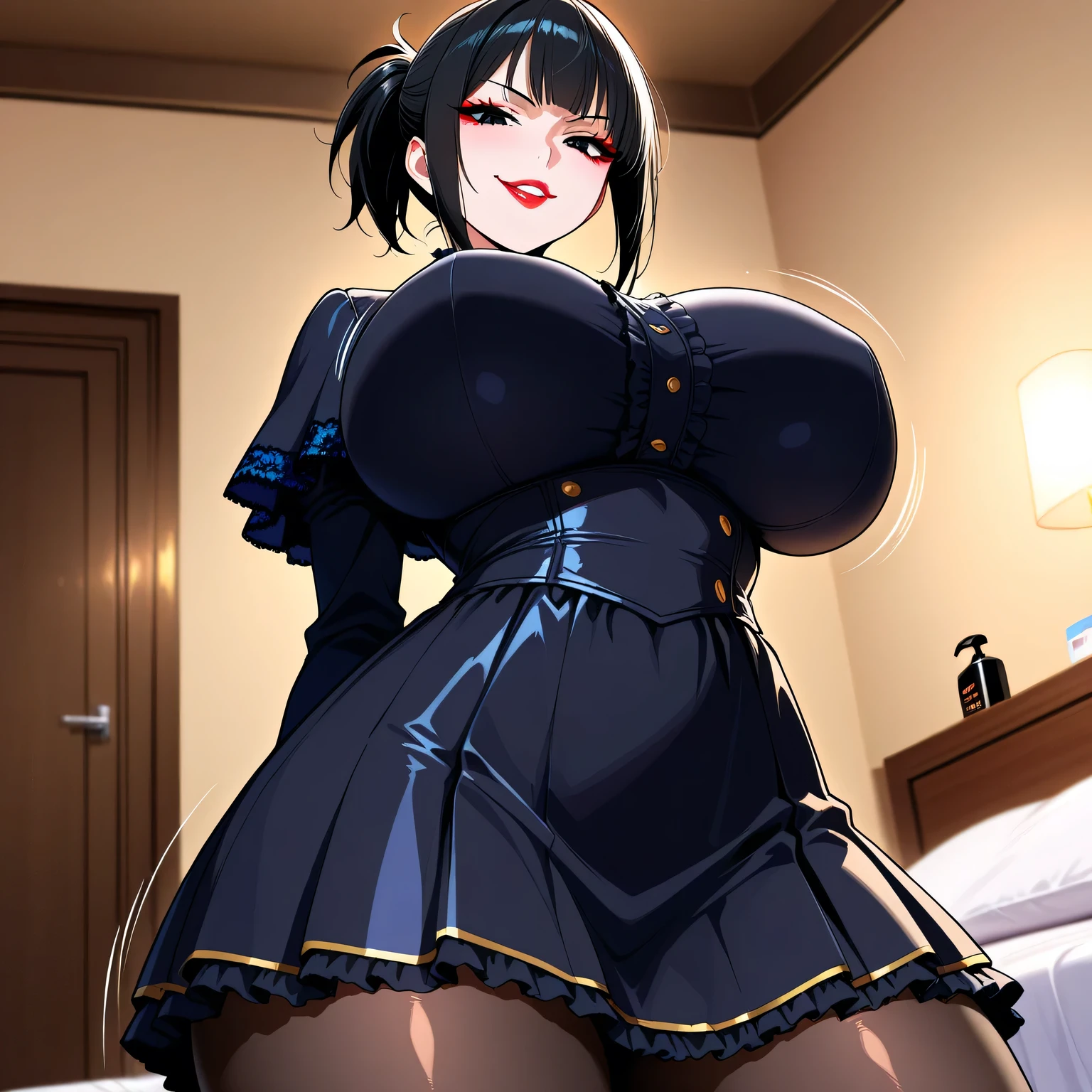 (ultra detailed hands)、ultra detailed eyes、black thigh boots、garter strap、huge breasts、visible chest、thick thight、A sexy、grinning evily、Black sailor suit、spread legs、underwear、 skirt、short black hair、solo、nurse、street