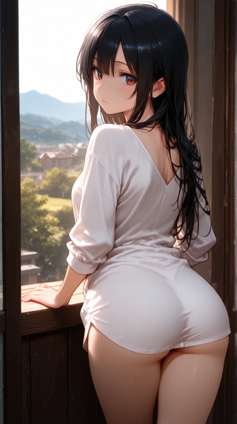 Amazing Chitanda, There is only one beautiful girl,Purple Eyes, Black Hair, Very red face,Very white skin,Glowing skin,Skin as delicate as porcelain,Naturally straight hair, Straight bangs,Extremely refined,Open lips,Long flowing hair,Beautiful Girl, Like a dream,Slim,Slim waist,Soft, (Sensual), (Kawaii), Dream quality,Beautiful big breasts,Areola,Completely naked,Wearing a transparent wedding dress,Flower decoration,Deep V neckline,Loose neckline,Wide neckline,In a traditional Japanese garden,window,Leaning against the table,Profile,Hips,Side body,Gluteal groove,Bare back,Light transmission,no pants,pussy juice,Bare shoulders,Bare neck,Exposed collarbone,Exposing breasts,Exposing breasts side,Show your waist,Show your buttocks,Show your thighs,Exposing the groin,No pants,extremely shy,Ultra-high resolution, (masterpiece:1.2, best quality), (Delicate and beautiful eyes: 1.2), (Beautiful and delicate face)