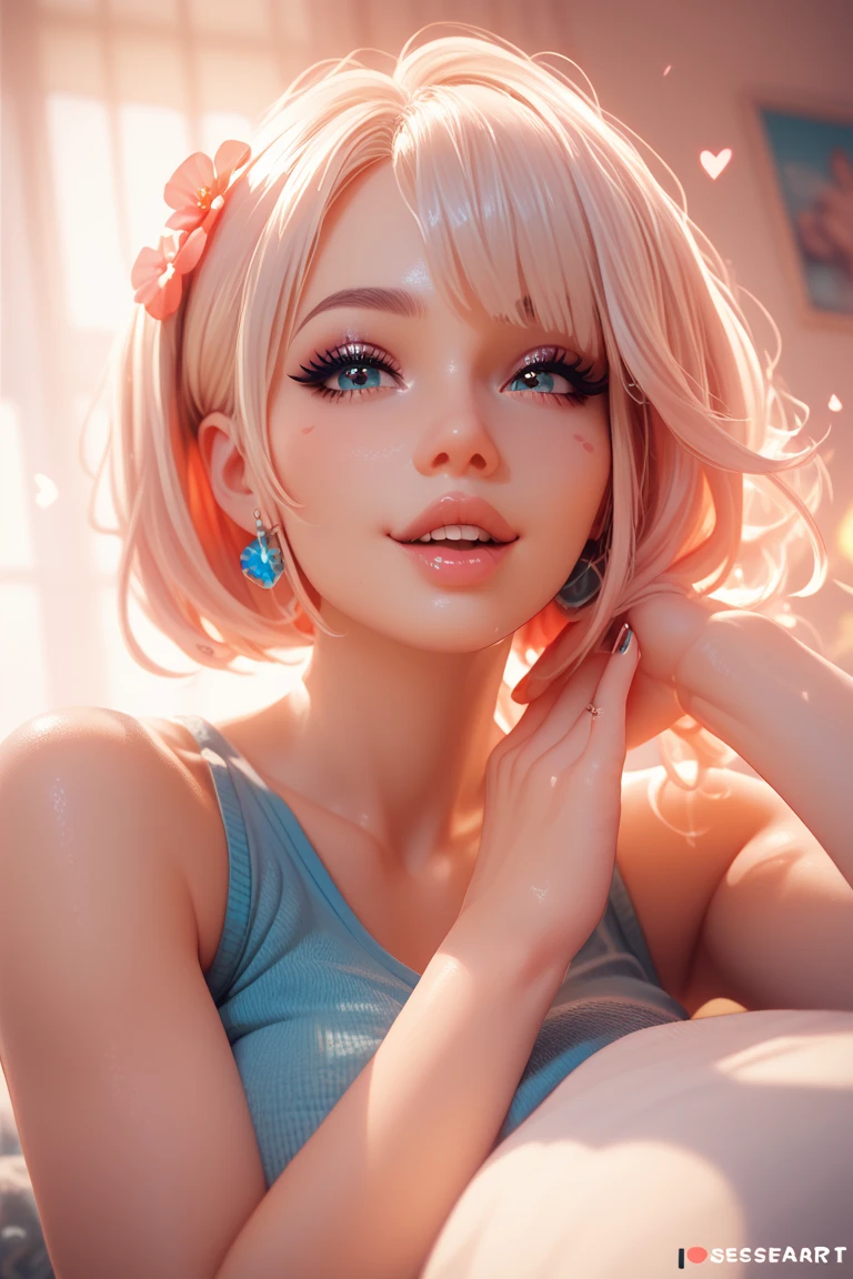 (best quality), (exquisite and meticulously detailed masterpiece), (hyper realistic anime face), (octane render), (((3D))), photorealistic, Create a hyper-detailed, high-resolution illustration of an anime-inspired woman, showcasing a blend of photorealistic and anime elements. This character combines the ethereal beauty of classical Russian features with the captivating allure of anime aesthetics. ((Her eyes are a (vibrant purple))), (large and cat-like), with reflections and framed by long, luxurious eyelashes enhanced by eyeliner, purple eyes. Her hair, a ((light blonde)) at the roots and mediums, transitions into a pink ombre towards the ends, styled into ((long, really (curly) twin pigtails)) that fall gracefully around her, ((blonde hair((pink hair)))). Her lips are full and alluring, suggesting the height of fashion and glamour. Her ((lips are large, juicy, alluring and full)), (((giving the appearance of having undergone cosmetic surgery to look bigger))), (????? lips) (((natural color lips))). Her skin is fair, soft as silk, shining like diamonds, and her ((face is covered in numerous, lots of ((freckles)))), as well as her chest and shoulders. She is thin, really ((thin and skinny)), with ((big boobs)) and a ((really tiny waist)) that, along with her sensual hips, gives the impression of resembling an hourglass. Her gaze is deep and her lips express a a tiny very slight and lascivious smile. ((small boobs)) She wears a (((casual shirt))) with (underboob) and just a ((thong)) The pose is dynamic and provocative, staring at viewer,, , ((sitting pose)), (((((spread legs))))), (((((open legs))))) (detailed night indoors:1.6). This masterpiece marries the ultra-realistic detail of her features with the distinctive charm of anime aesthetics, aiming for an 8K resolution to capture every nuance of this intricate scene