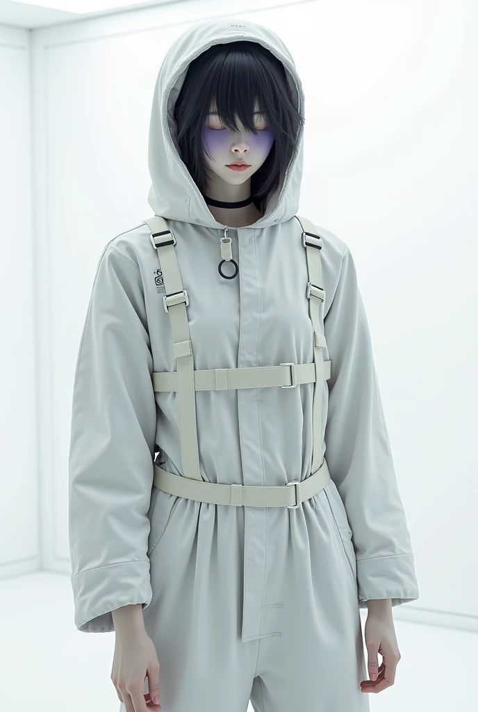 A woman fully restrained in a full body straightjacket