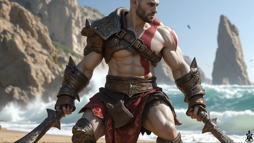 Bearded kratos person dressed in rich Egyptian spaulders, strong man, bursting into fury, flexing arms, blades, pharaoh armor, gold, lapiz lazuli, hieroglyphs, boots, desert, pyramids, soft impressionist perfect composition, character portrait, intricate, oil on canvas, masterpiece, expert, insanely detailed, 4k resolution, john william waterhouse, charlie bowater, agnes cecile, Mucha, Gabriel Ferrier, composition, beautiful detailed intricate insanely detailed octane render trending on artstation, 8k artistic photography