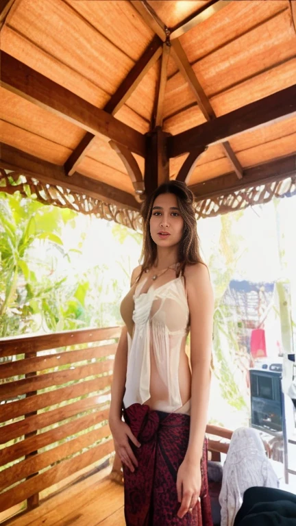 Young sweet beautiful Bogor city girl, 25 years old, slim body, medium breasts, georgeus face, messy flowing shoulder long black hairs, descent mixed from sundanese and javanese, standing sensual cheerful open legs open wide legs in the windy morning at back yard, wearing messy blown up white very thin see through mini sundress, no underwear, hyperrealistic, very detail, from top head to toes view, sensual laughing happy face, under view, everything blown by the strong wind, many dry leafs falling and flying around away blown by the wind
