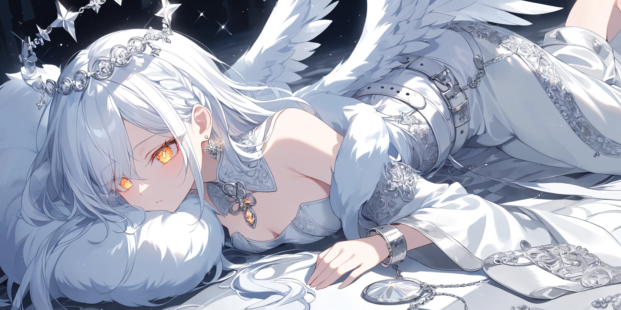 The girl is an angel. she has white skin, long white hair combed to one side and part of her hair covers half of her face. She has light orange eyes with starry sparkling pupils. She is dressed in a black-white outfit: a silver corset, bell-bottomed trousers, a silver belt with pendants, and a white short furry fur coat. She has a lot of silver jewelry with large diamond earrings, pendants on a checker, a bracelet, and rings with diamonds. She has two black huge mother-of-pearl wings on her back and him above her head. She has a hopeless face, laying down on the ground.