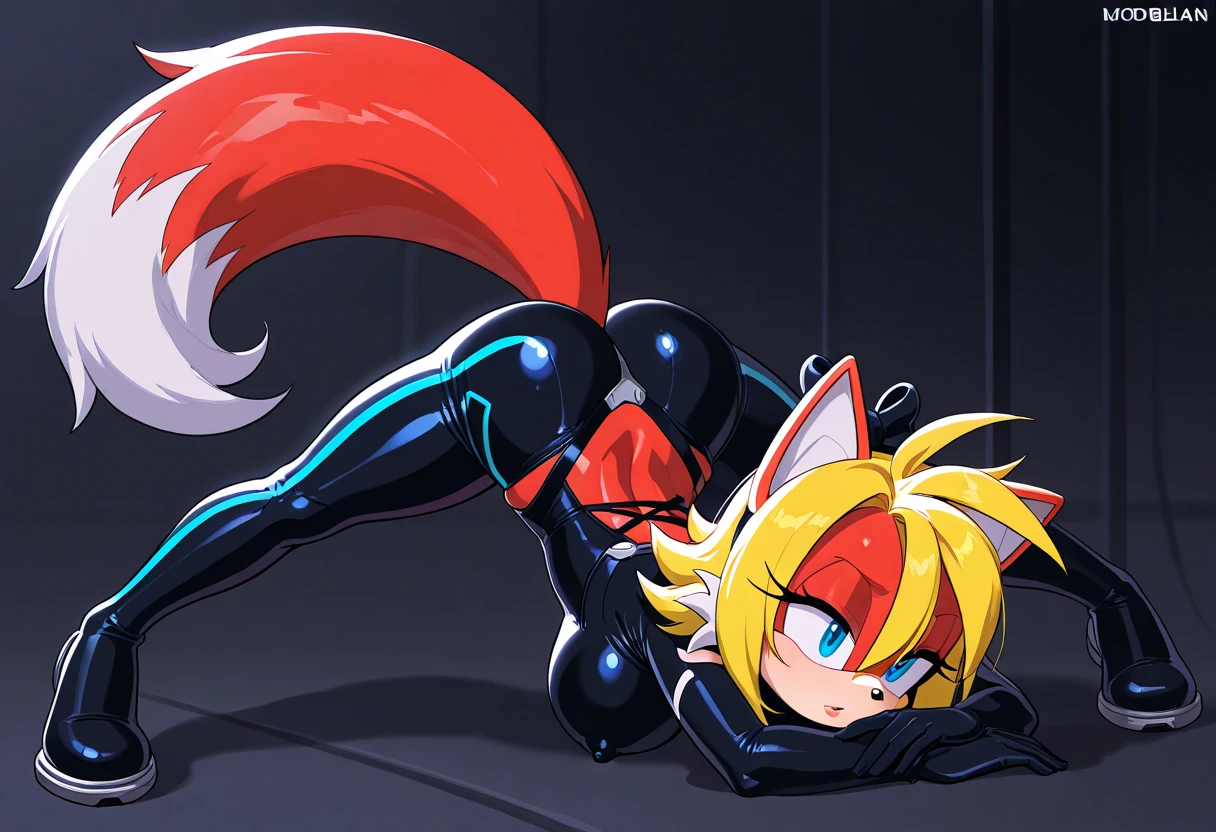 (masterpiece, best quality), Harley Quinn, beautiful woman, on all fours, becoming werehyena, pigtails, furry tail, sharp teeth, clawed hands, beautiful face, perfect face, big gorgeous eyes, parted lips, perfect slim fit body, forest, full moon, bright colors