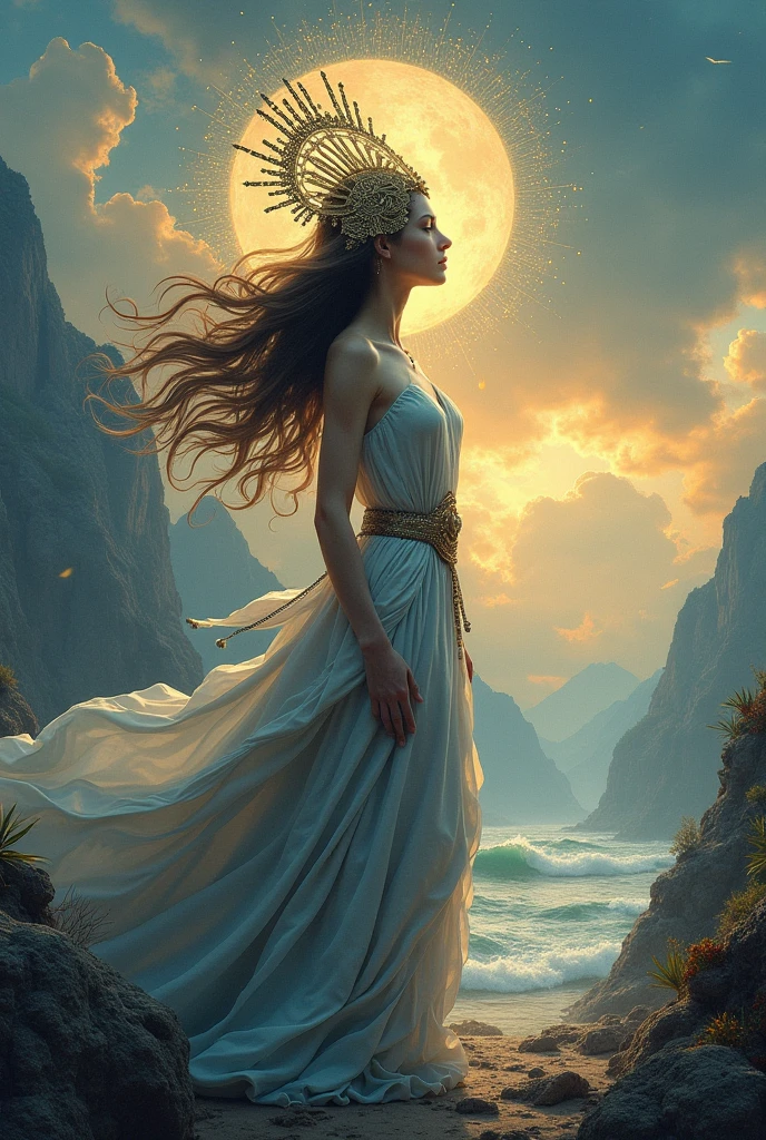 Amaterasu Omikami, the story of the creation of the earth, the gentle waves of the sea sparkling and a world enveloped in warm light, realistically expressed with sacred space and mystical images