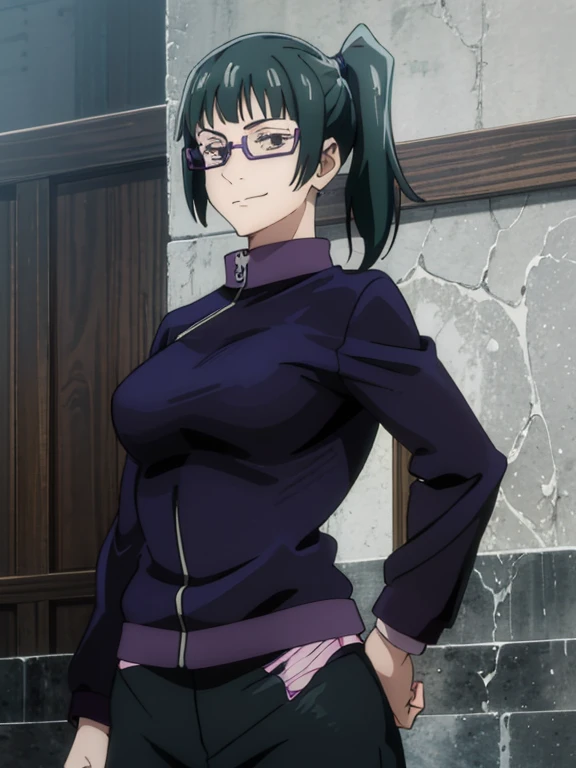 (best quality:1.5, highres, UHD, 4K, detailed eyes, detailed lighting, detailed hair, shaders), gym backround, dark green hair, ponytail, bangs,cool woman, cool girl, sharp eyes, yellow eyes, beautiful, large breasts, sport bra, gym outfit, sleeveless, necktie, glasses, armpits, detailed armpits