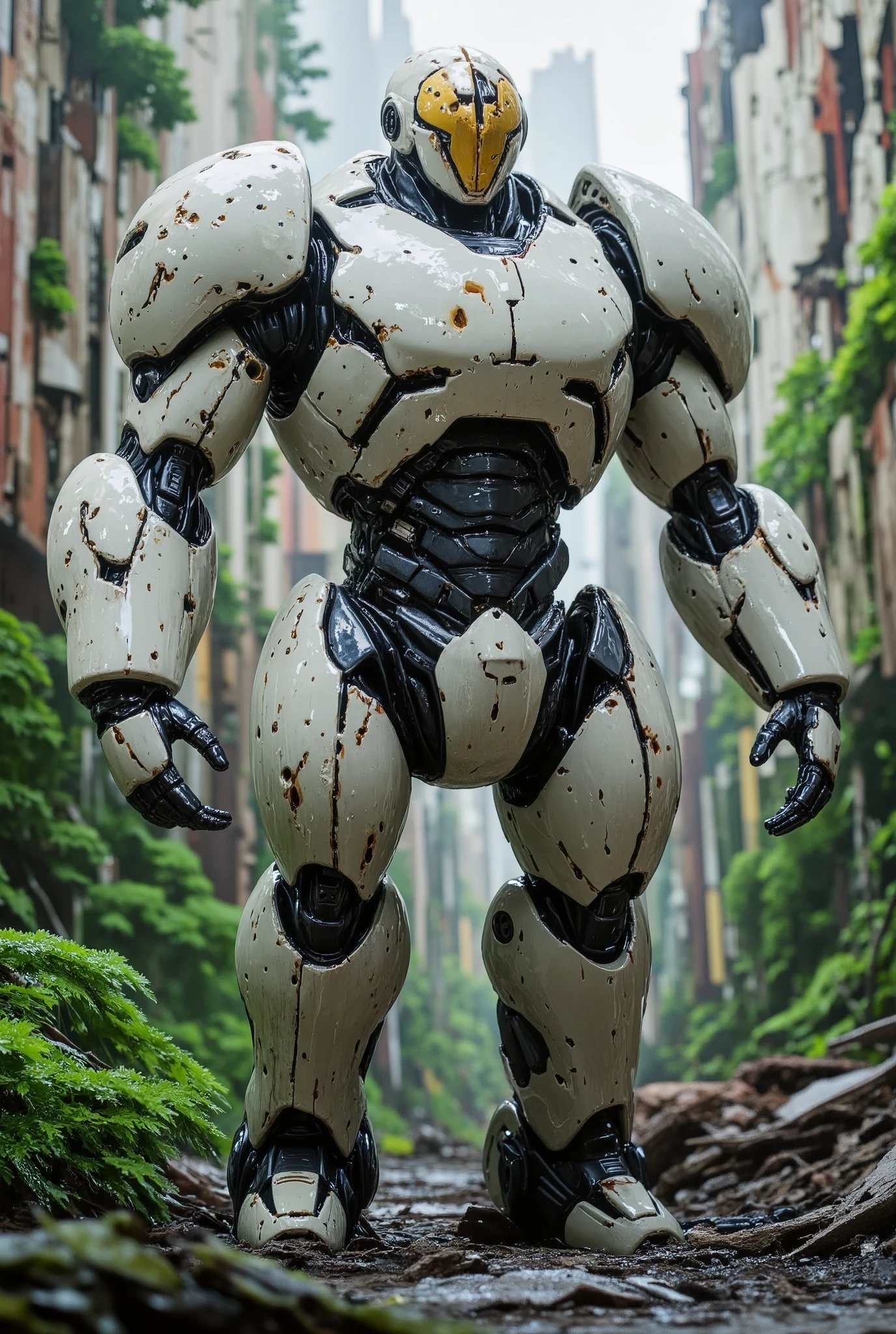 (( In the midst of a devastated city , A Damaged Robot appears , body structure made of worn matte porcelain, part of the Robot's structure compromised , detail in each finish reference to great animes and Mangas and movies and SCI-FI, standing staring intently forward , background environment covered by debris and green part of the forest , a damaged part of the Robot's face speaking quality HD 32K)),
