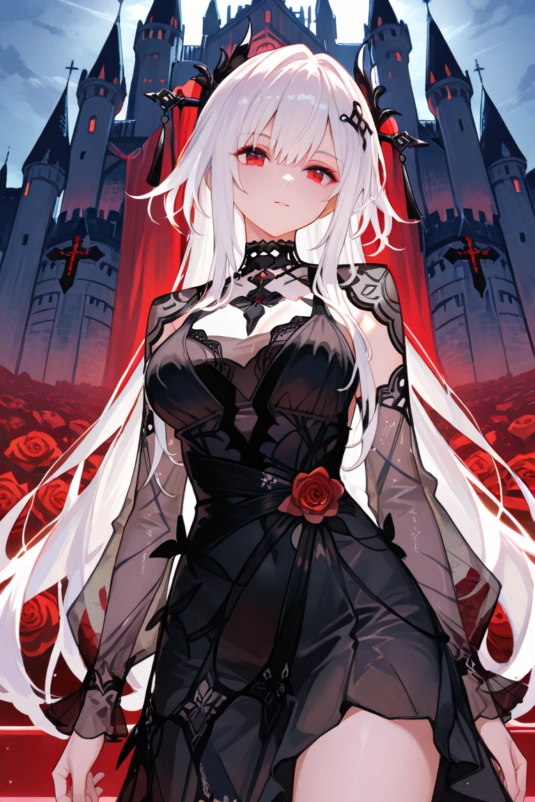 Woman dominance, long white hair, pale skin, Red eyes, red and black dress, castillo, evening