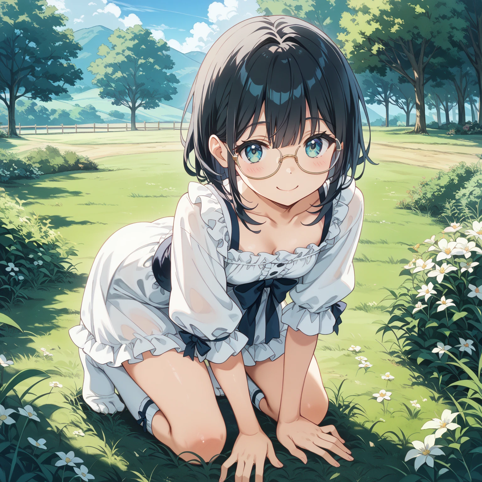 1girl, bangs, bob cut,black hair, short hair, sundress, sunlight,full body, sweat,looking at viewer, white dress, hand on own chest,tan, grass, glasses, revealing panties