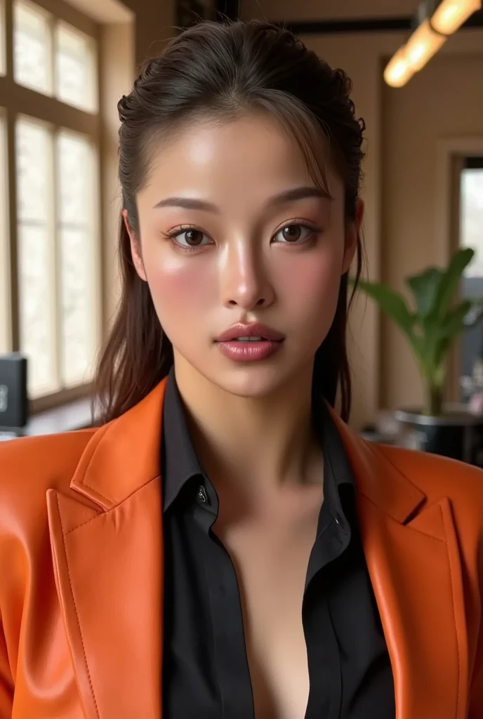 Un primer plano de una mujer con una chaqueta de cuero negro, Retrato de Sophie Mudd, wearing leather swimsuit, chica en traje, chica con traje, jet black leather skintight coat, ella usa chaqueta de cuero, ropa de cuero, retrato de demi rosa, vistiendo un traje de cuero completo, inspirado en Hedi Xandt, vestido con chaqueta de cuero