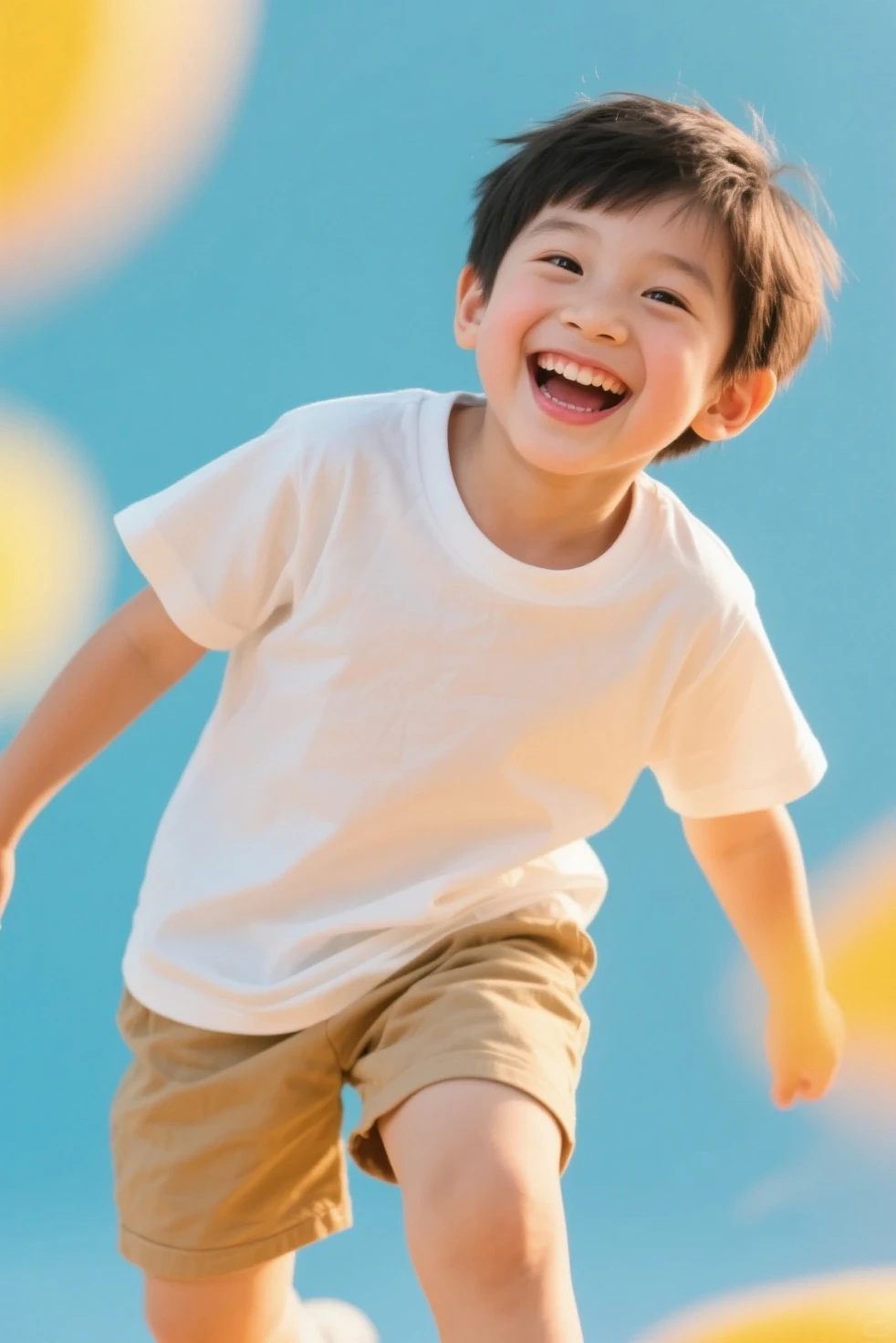 Boy happy and smile, running and holding the floating Birthday Balloon's yellow ribbon, full body, child, brown hair, blue shirt, yellow shorts, blue hawaii sandal, (photo shoot from down to up), worm view, low angle shot, perfect quality, high contrast, clear focus, (in the picture ratio 1:2), (Masterpiece: 1.2) (Realistic: 1.2) (Bokeh) (Best quality) (Detailed skin: 1.3) (Intricate details) (8K) (Detail eyes) (Sharp focus), (Happy), ((masterpiece, best quality)), (complex light)