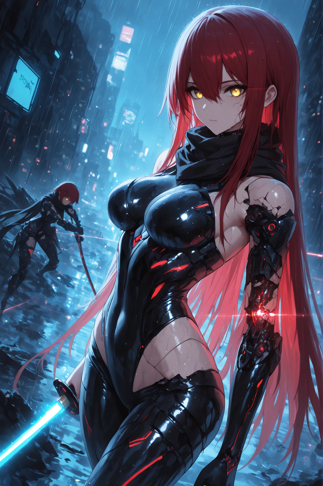 1 woman , golden eyes , very long hair , long sidelocks, red hair, petite , very cute , beautiful ,Straight hair, cool, handsome, hair between eyes, sexy, medium large breast,  glowing eyes, black bodysuit, android girl, empty expression, wet, long flowing black scarf, night, raining, heavy rain, holding a laser katana, glowing blue neon laser sword, posing with her katana, light glow effect, blue light radiating from her sword,half destroyed face, mechanical inside,one missing arm, power cable protruding from the one missing arm, andorid girl, mechanical girl, fighting, defective armor, cracked armor, destroyed armor, broken  machine city, skyscrapers, neon cyberpunk signs,((4k,8k,Ultra HD)),((Masterpiece :1.2)),((Best quality :1.2)),((Detailed :1.5)),((Detailed background :1.5))