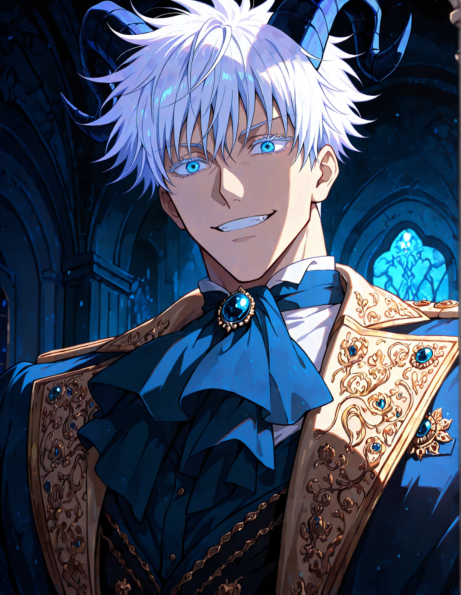 (masterpiece, best quality, highly detailed, mature) male, solo, 1man,adult, male focus, smile, gojou satoru, jujutsu kaisen, blue eyes, white hair, short hair, sexy man, handsome face, colored eyelashes, handsome face, beautiful face, beautiful colors, medium shot, victorian clothes, aristocrat, royal clothes, dark blue accent, indigo colored, indoors, serious, Egoat horns, white hair, horizontal pupils, beautiful male, dark background, night, Grinning, View from below,Enchanted eyelashes, delicate, style, Anime, digital painting, soft shading, fantasy, Neon Pastel, Ethereal Art, UHD, best quality, high detail ,