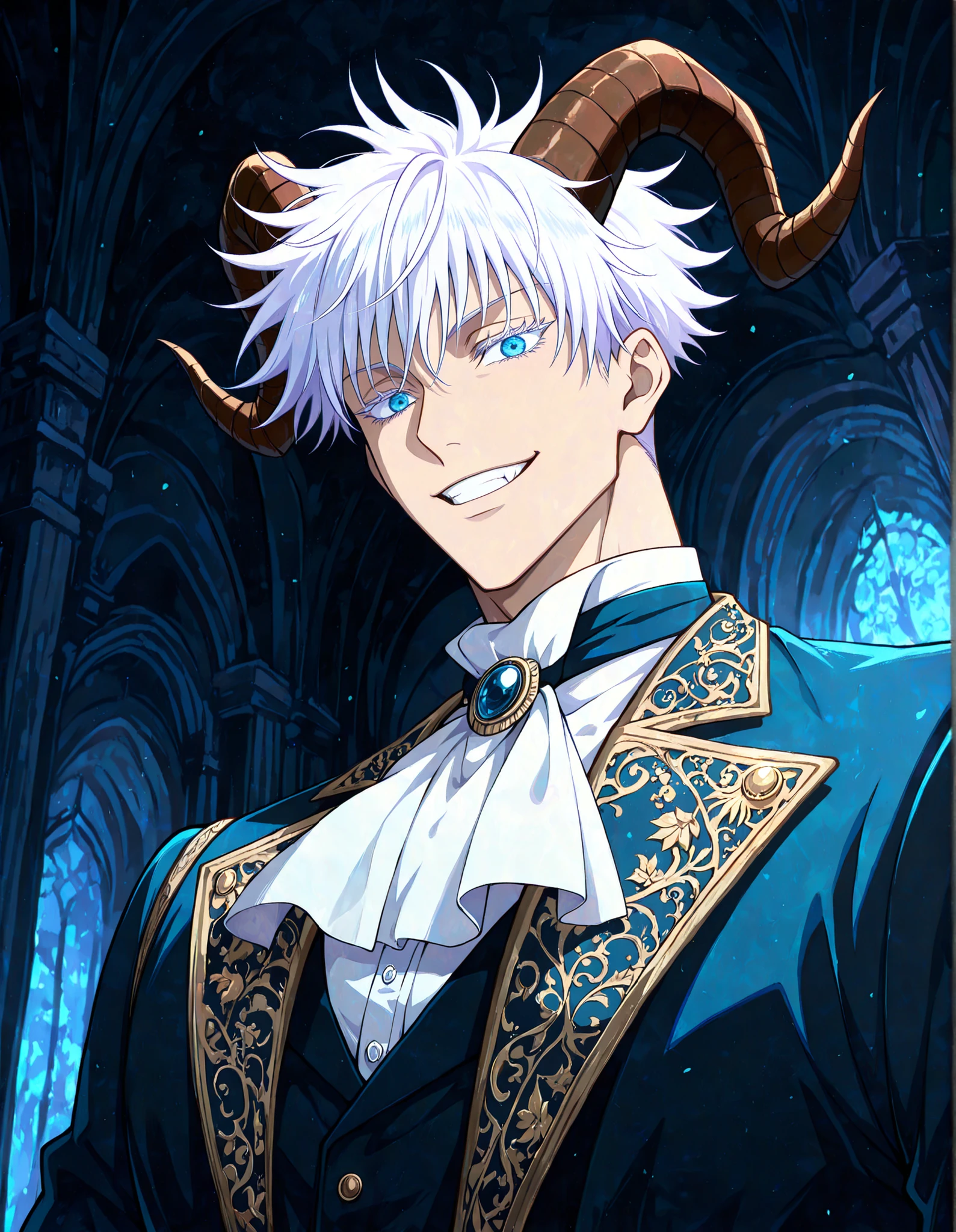 (masterpiece, best quality, highly detailed, mature) male, solo, 1man,adult, male focus, smile, gojou satoru, jujutsu kaisen, blue eyes, white hair, short hair, sexy man, handsome face, colored eyelashes, handsome face, beautiful face, beautiful colors, medium shot, victorian clothes, aristocrat, royal clothes, dark blue accent, indigo colored, indoors, serious, Egoat horns, white hair, horizontal pupils, beautiful male, dark background, night, Grinning, View from below,Enchanted eyelashes, delicate, style, Anime, digital painting, soft shading, fantasy, Neon Pastel, Ethereal Art, UHD, best quality, high detail ,