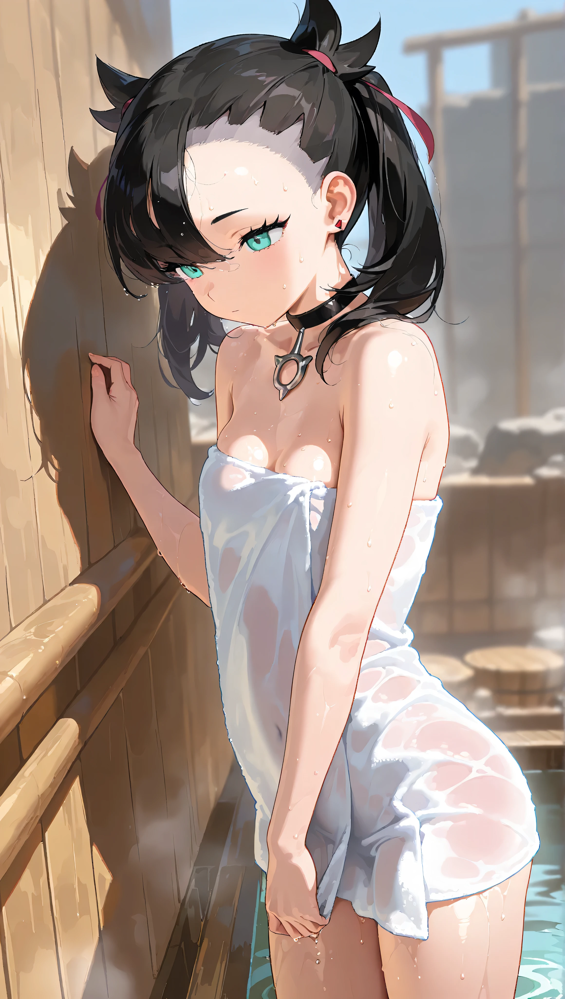 high res pictures, masterpiece, Highest Quality, amazing quality, solo, 1 girl,Marnie,completely naked,expressionless,small breasts,Hot Springs,wet body,sweat,about,, hide body with bath towel