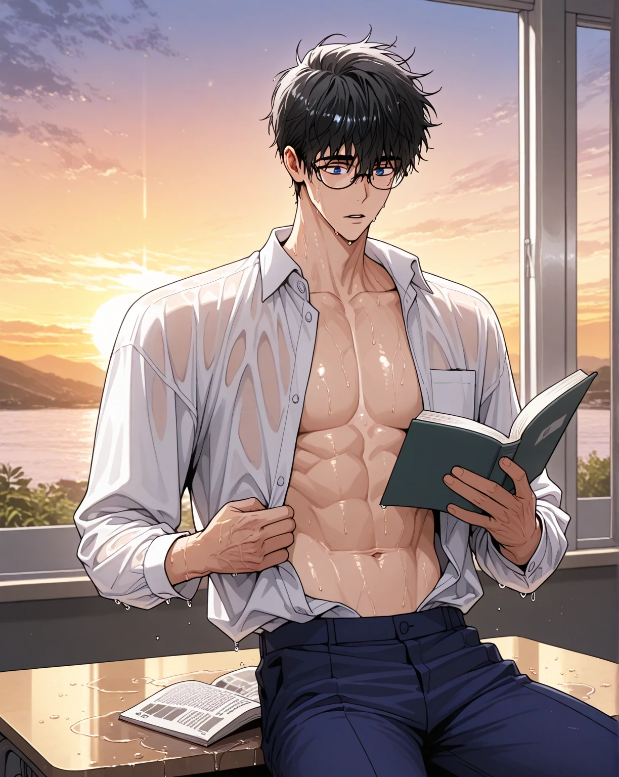 masterpiece, top-quality, Solo Man,Special details, illustratio,natta,,The Man Who Smiled、、Undressing、barechested