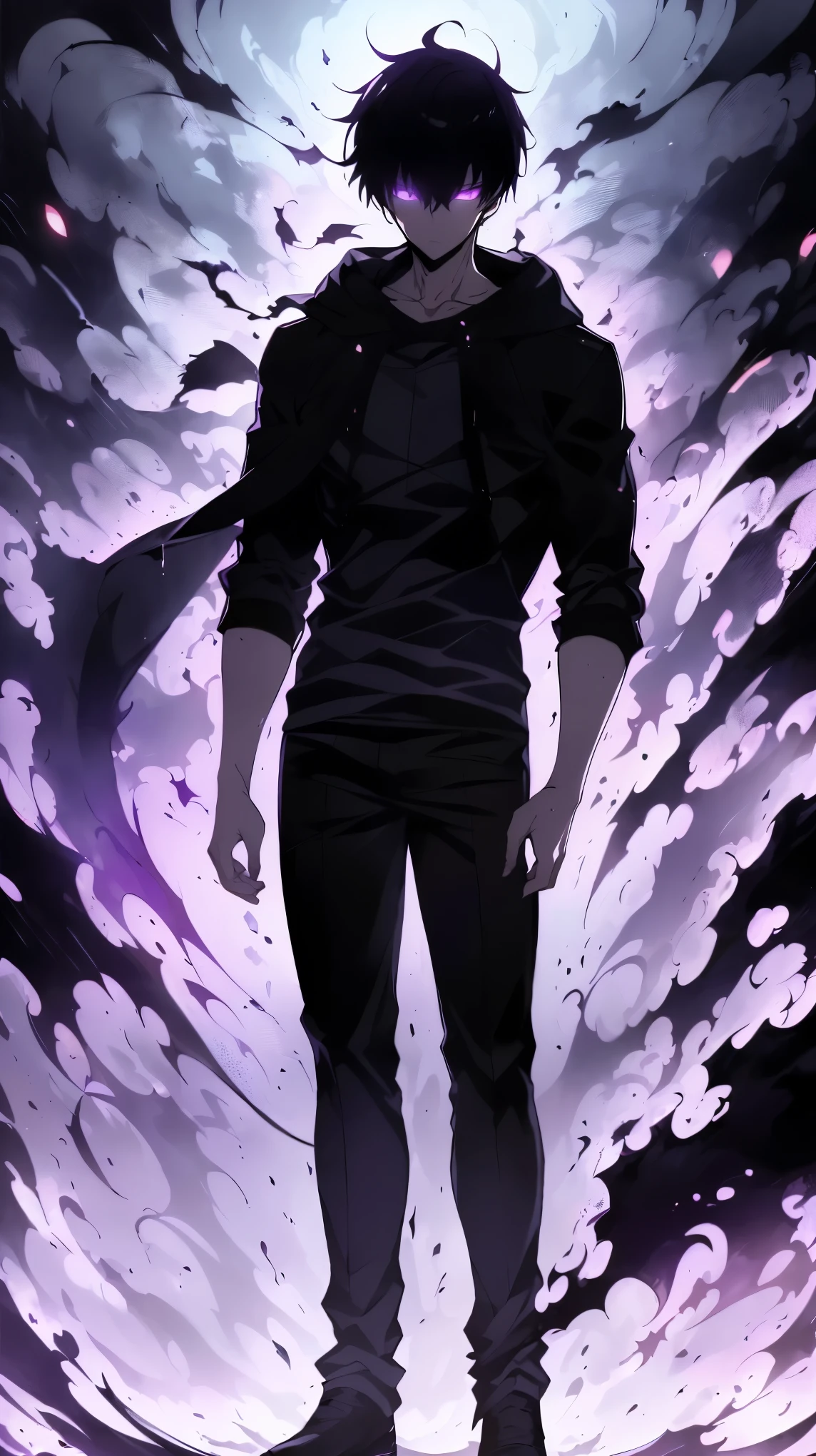 Super-detailed 8K masterpiece full-body portrait of a lone male assassin character inspired by Kaneki Ken in Tokyo Ghoul, laugh confidently, cruel, in the art style of Solo Leveling. short black hair, glowing purple eyes, pale skin , Cinema Light, Strong depth of field. Black hood, rain drenched, standing alone in dark Tokyo cityscape. Hair partially covering the face, gaze attentively looking at the viewer, somber and dramatic expression. luxurious fabric motifs on clothes, ray tracing reflection, ultra sharp detail, high contrast shadow, serene atmosphere. Solitary focus, aesthetics of the core male protagonists, anime style with a modern touch, Strong.