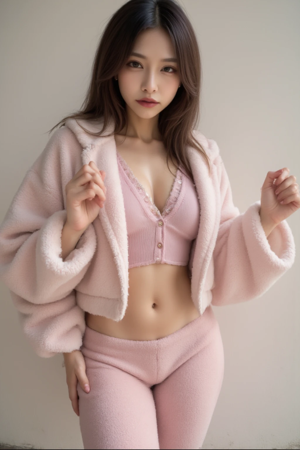 Unbeatable masterpiece, Ultra photo realsisim, Perfect artwork, Intricate details, Best quality, strong lights,High contrast, masutepiece , Best quality , offcial art ,the Extremely Detailed CG Unity 8K Wallpapers ,1girll , 25 Years Beautiful Korean Girl, Solo , Realistic , 64k, Makeup , A high resolution , full body Esbian , view the viewer , Smile, bangs , Bare shoulders , Brown hair ,crossed bangs , hair between eye , ((White Jacket With Pink Skirt)) , komono , Long ,Mask , masks on head , cropped shoulders , cparted lips , Red eyes , red kimono , Red ribbon ,bow ribbon , sash , skyporn , Solo , striped ribbon , double tails , Very hairy , Wide sleeves , (Shiny skin) , Beautiful Smile, (smile: 1.2), Stylish poses, Sexy angles, Bedroom, (pink bedroom), (Purple bed),
