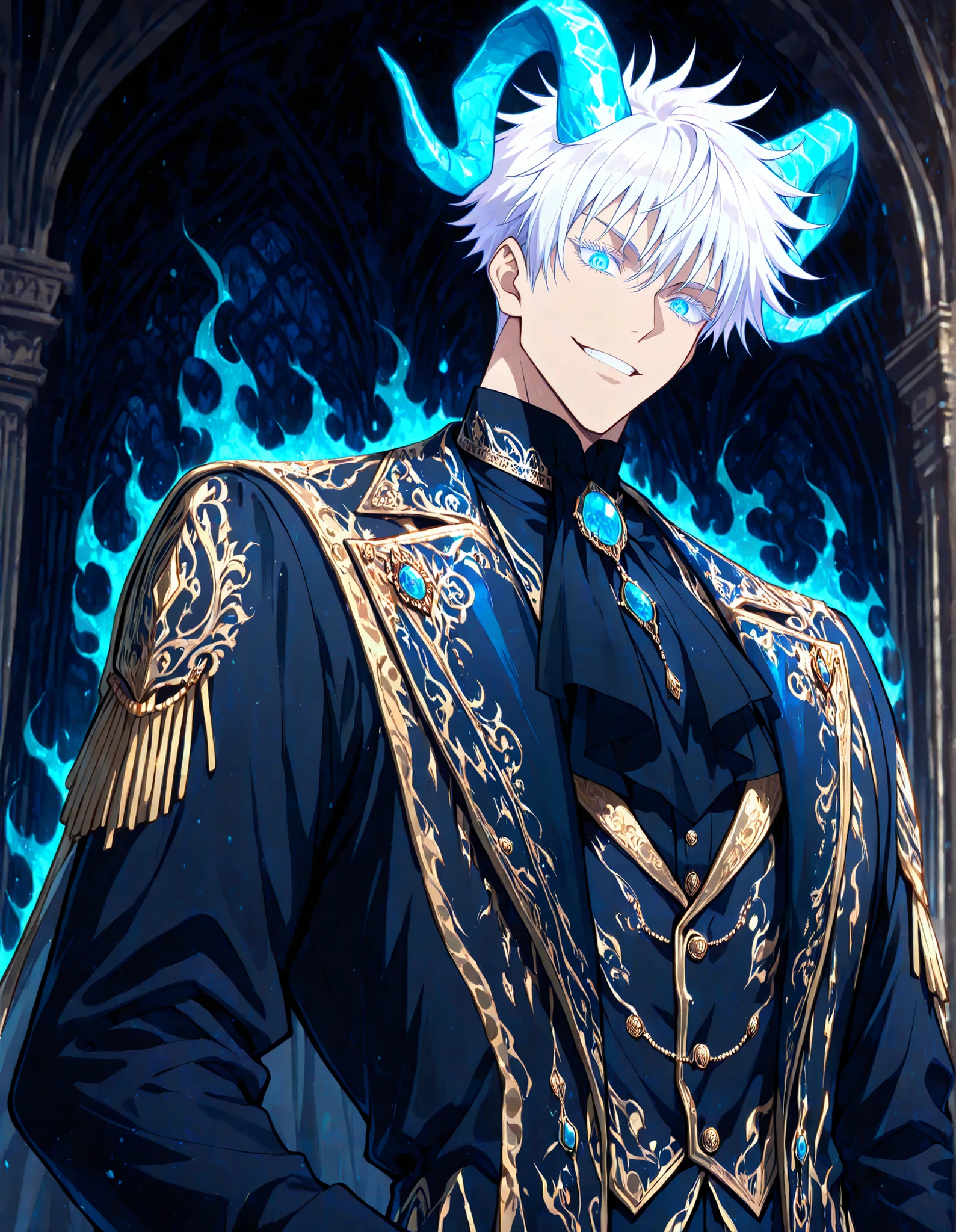 (masterpiece, best quality, highly detailed, mature) male, solo, 1man,adult, male focus, smile, gojou satoru, jujutsu kaisen, blue eyes, white hair, short hair, sexy man, handsome face, colored eyelashes, handsome face, beautiful face, beautiful colors, medium shot, victorian clothes, aristocrat, royal clothes, dark blue accent, indigo colored, indoors, serious, Egoat horns, white hair, horizontal pupils, beautiful male, dark background, night, Grinning, View from below,Enchanted eyelashes, delicate, style, Anime, digital painting, soft shading, fantasy, Neon Pastel, Ethereal Art, UHD, best quality, high detail , dark aura glowing
