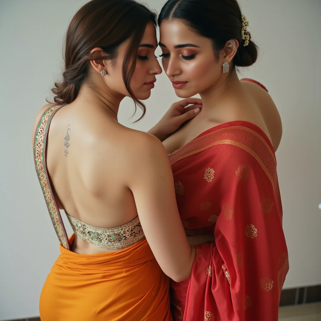 sexy indian wearing saree sky scrapper city view smiling, UHD, masterpiece, high details, best quality, 16k,Neon, 8K, portrait, highly-detailed, taken from side view, two girls standing face to face, full body view, kissing, eyes closed, wearing tight dress, black hair girl facing left while second girl facing right with ginger hair, shy and blushing expression, [Margot Robbie|Brie Larson], cleavage, surreal and dreamlike setting, soft pastel colors